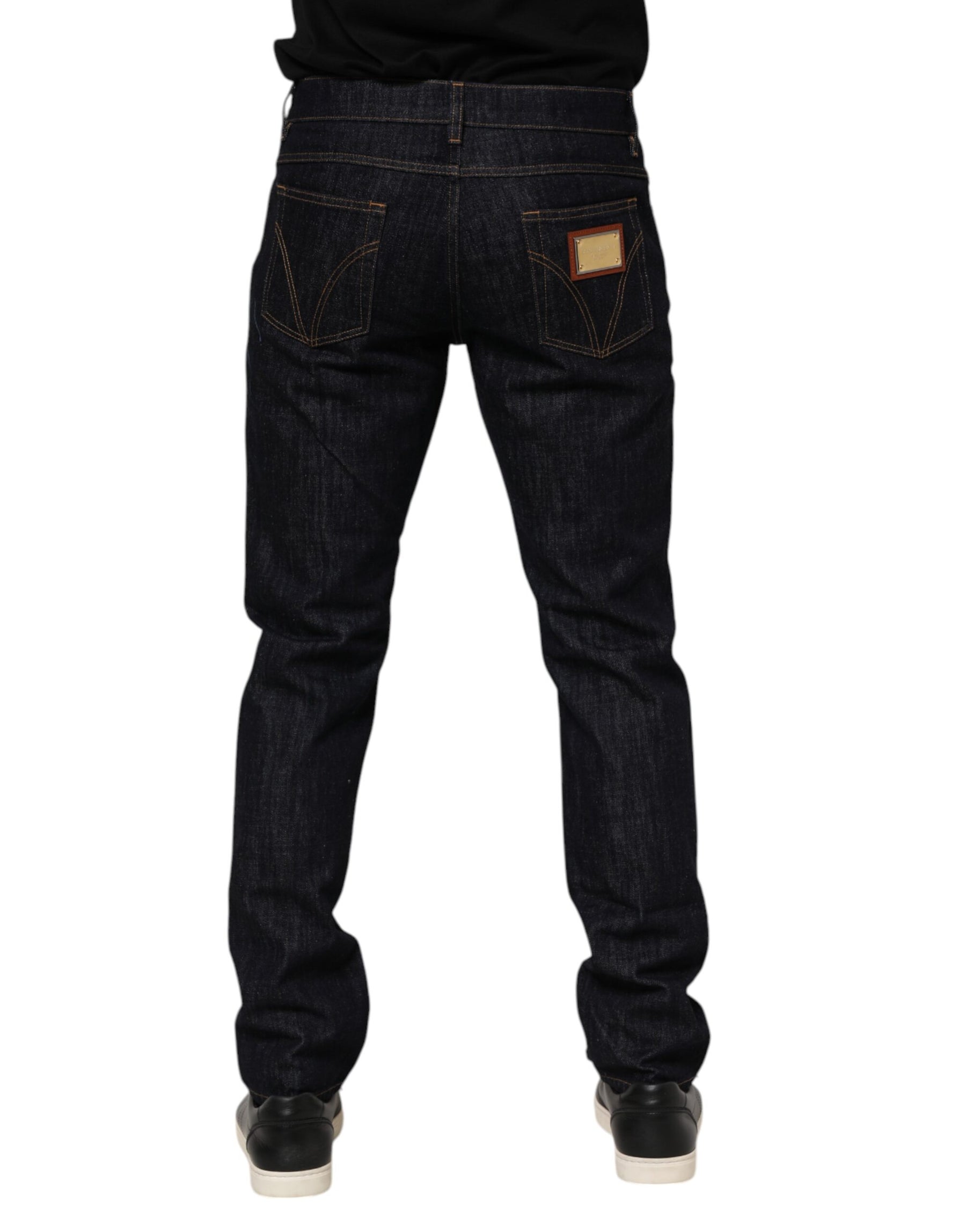 Dolce & Gabbana Dark Blue Cotton Logo Plaque Men Denim Jeans | Regal Royce