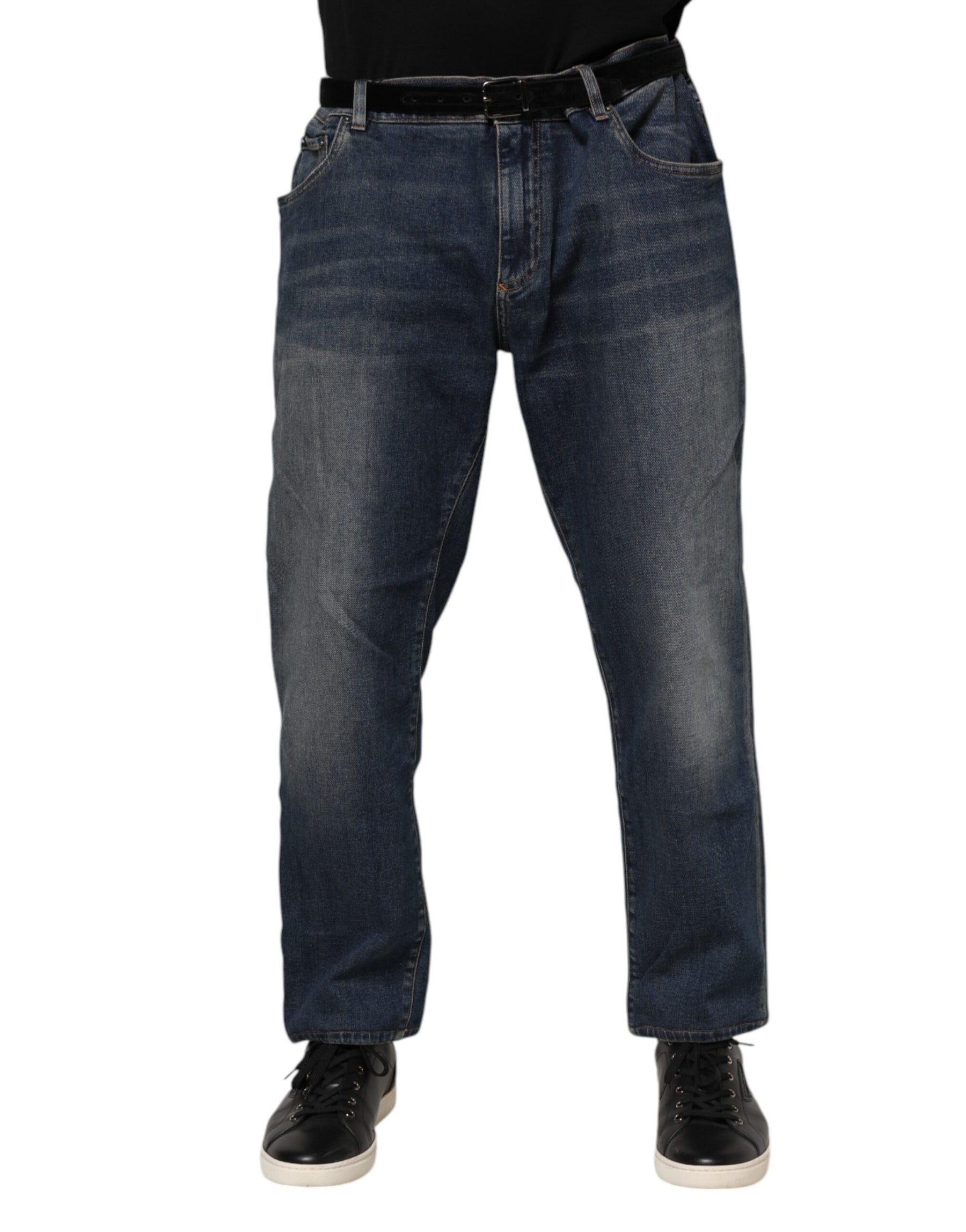 Dolce & Gabbana Blue Cotton Logo Plaque Slim Denim Jeans | Regal Royce