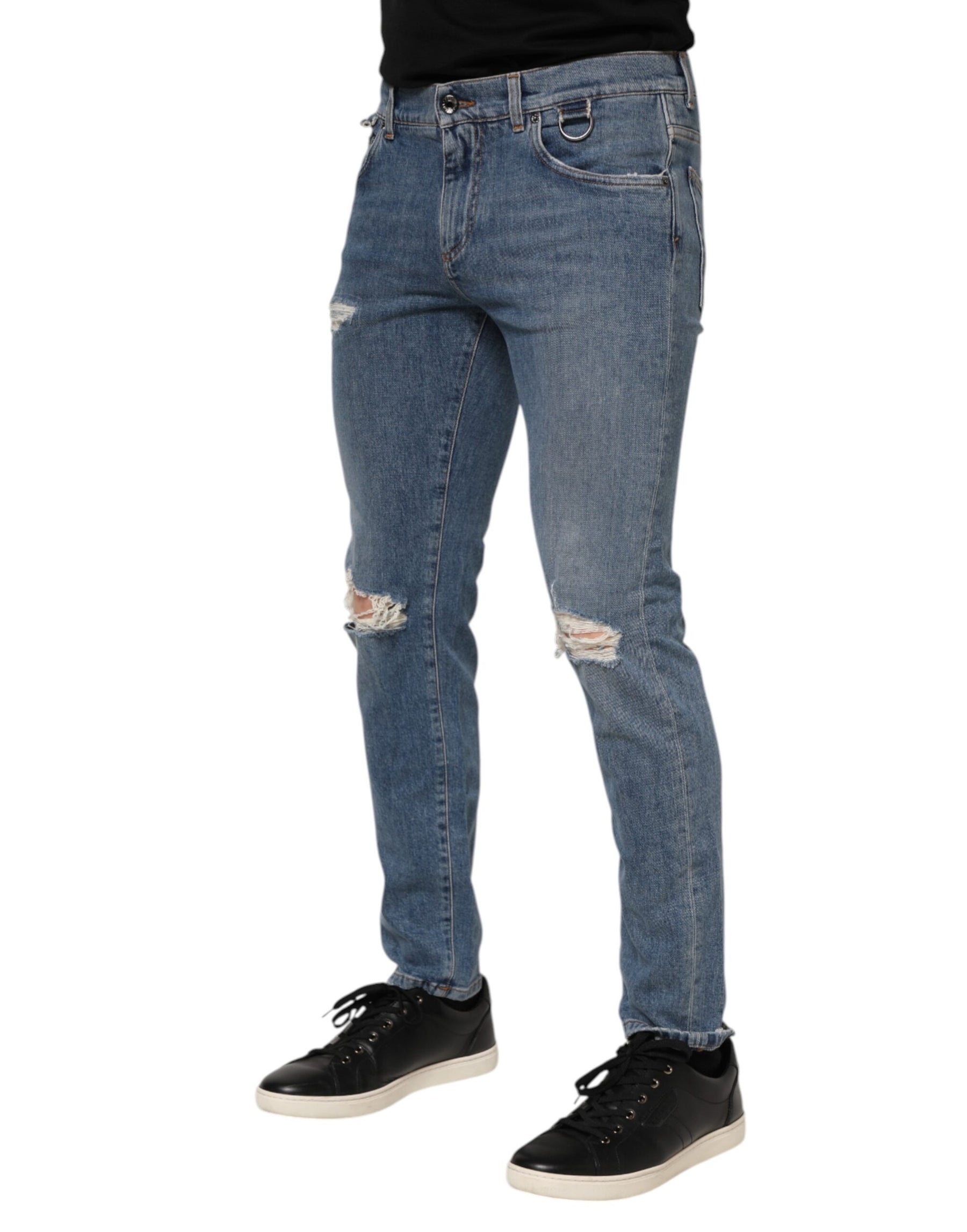 Dolce & Gabbana Blue Cotton Tattered Skinny Logo Denim Jeans | Regal Royce