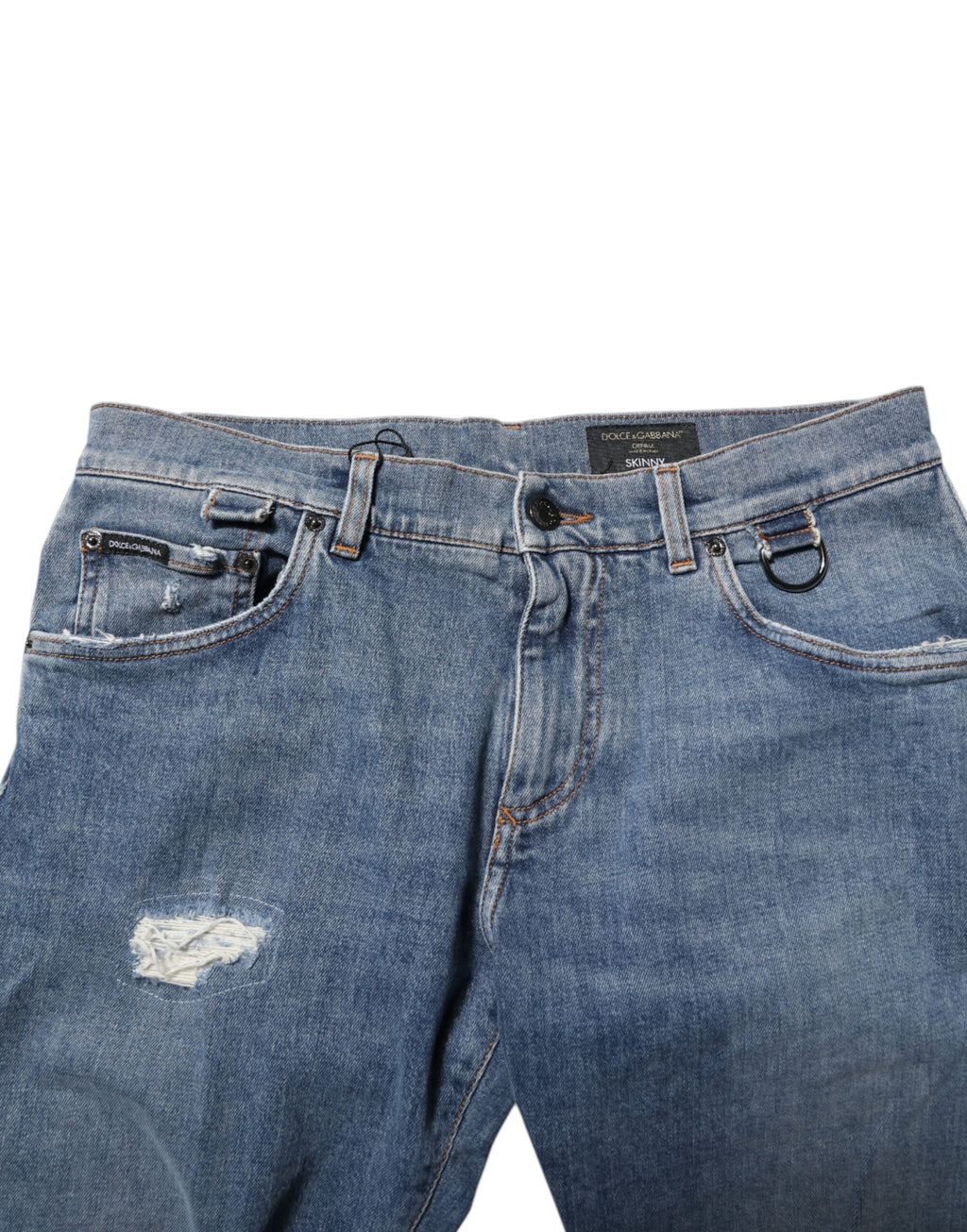Dolce & Gabbana Blue Cotton Tattered Skinny Logo Denim Jeans
