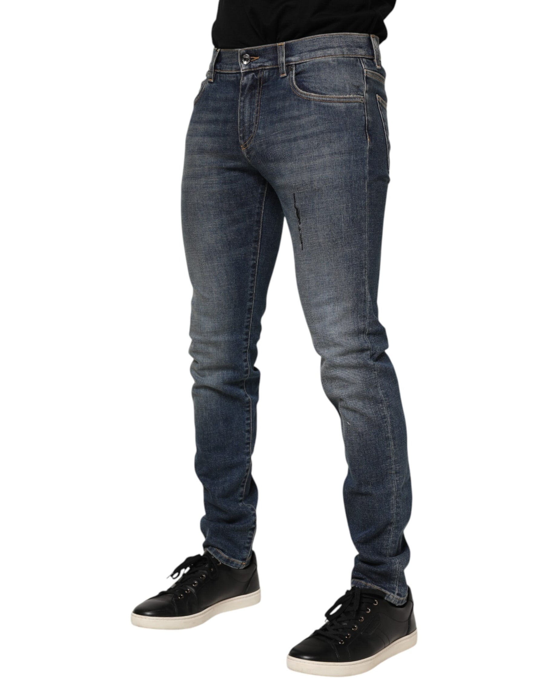 Dolce & Gabbana Blue Washed Skinny Logo Plaque Men Denim Jeans | Regal Royce