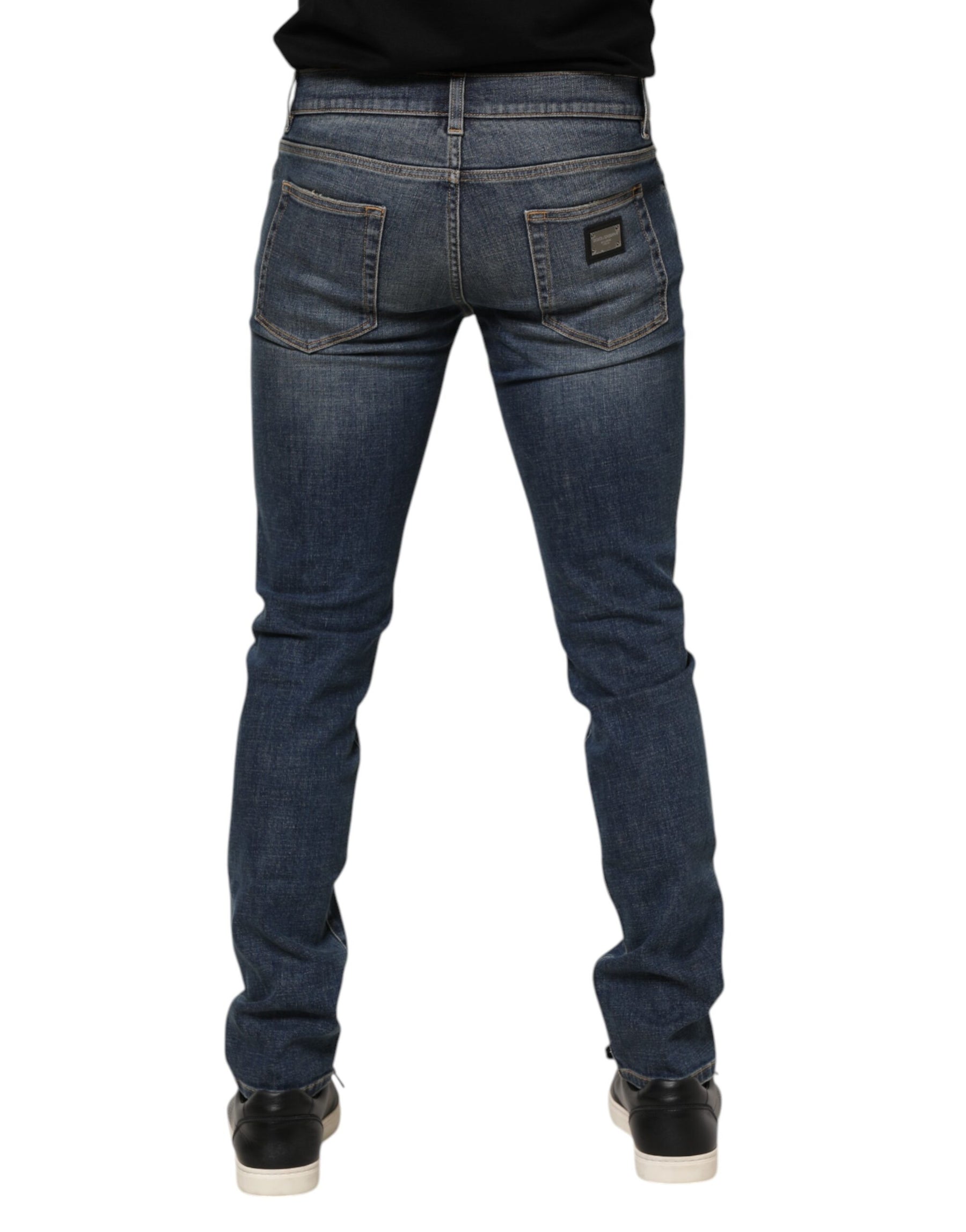Dolce & Gabbana Blue Washed Skinny Logo Plaque Men Denim Jeans | Regal Royce