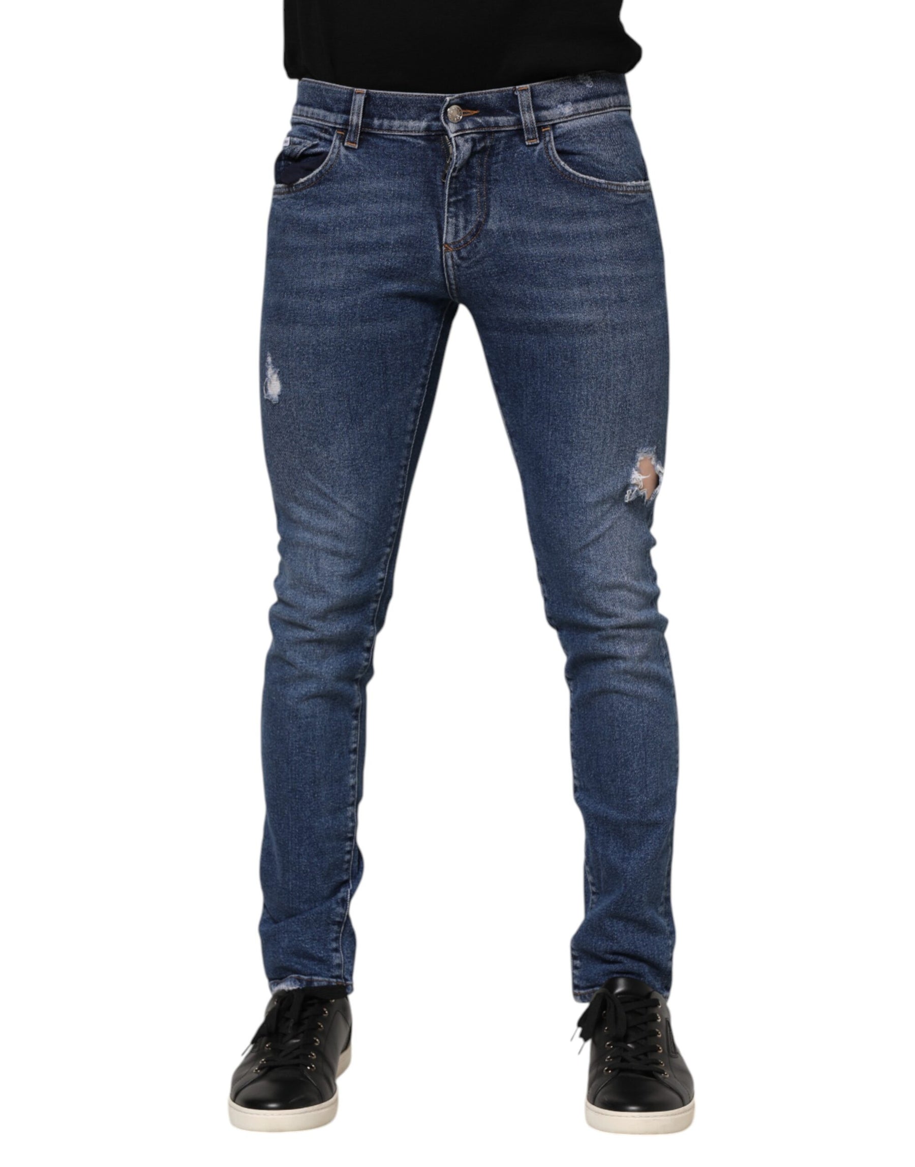 Dolce & Gabbana Blue Cotton Logo Plaque Skinny Men Denim Jeans | Regal Royce