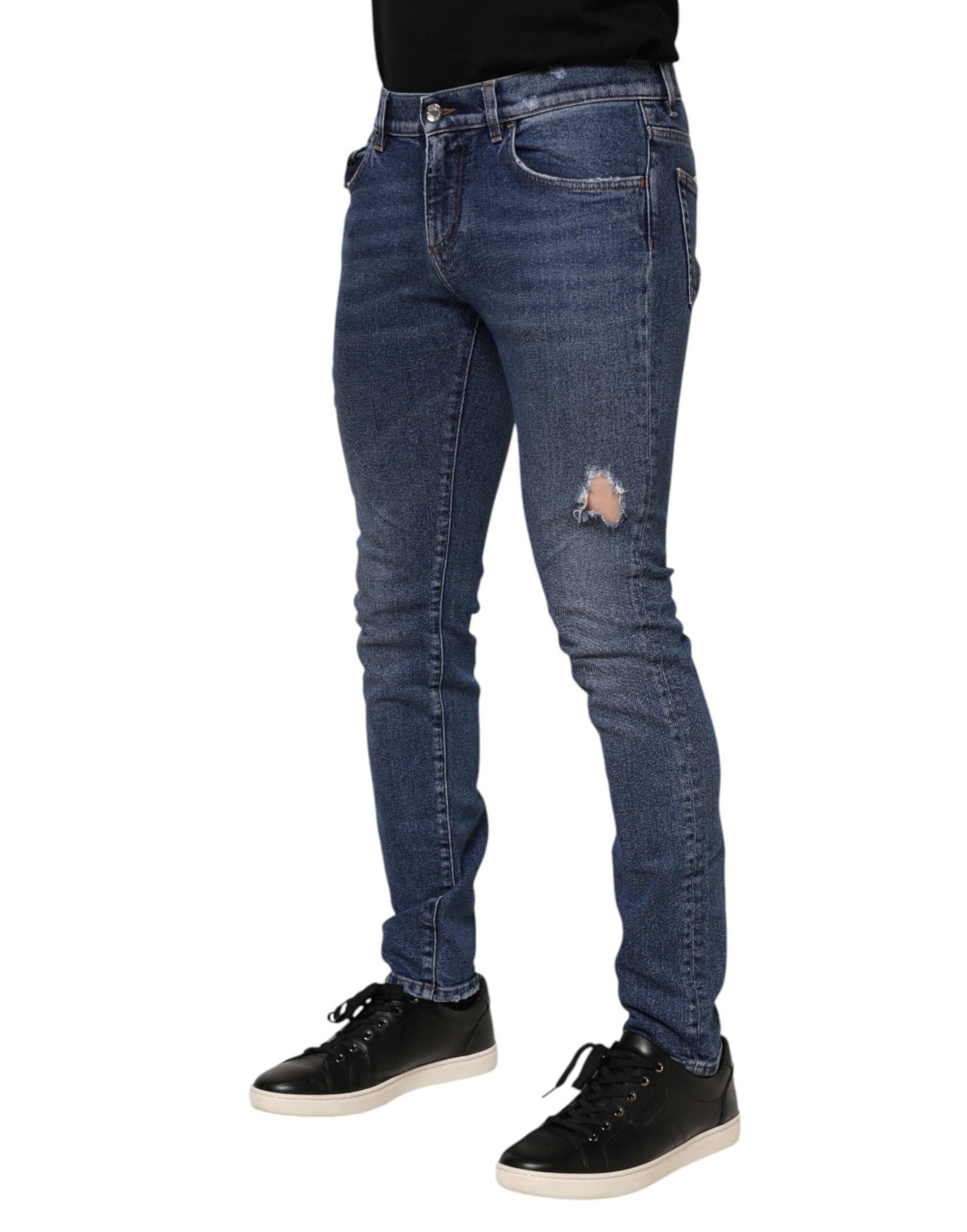 Dolce & Gabbana Blue Cotton Logo Plaque Skinny Men Denim Jeans | Regal Royce