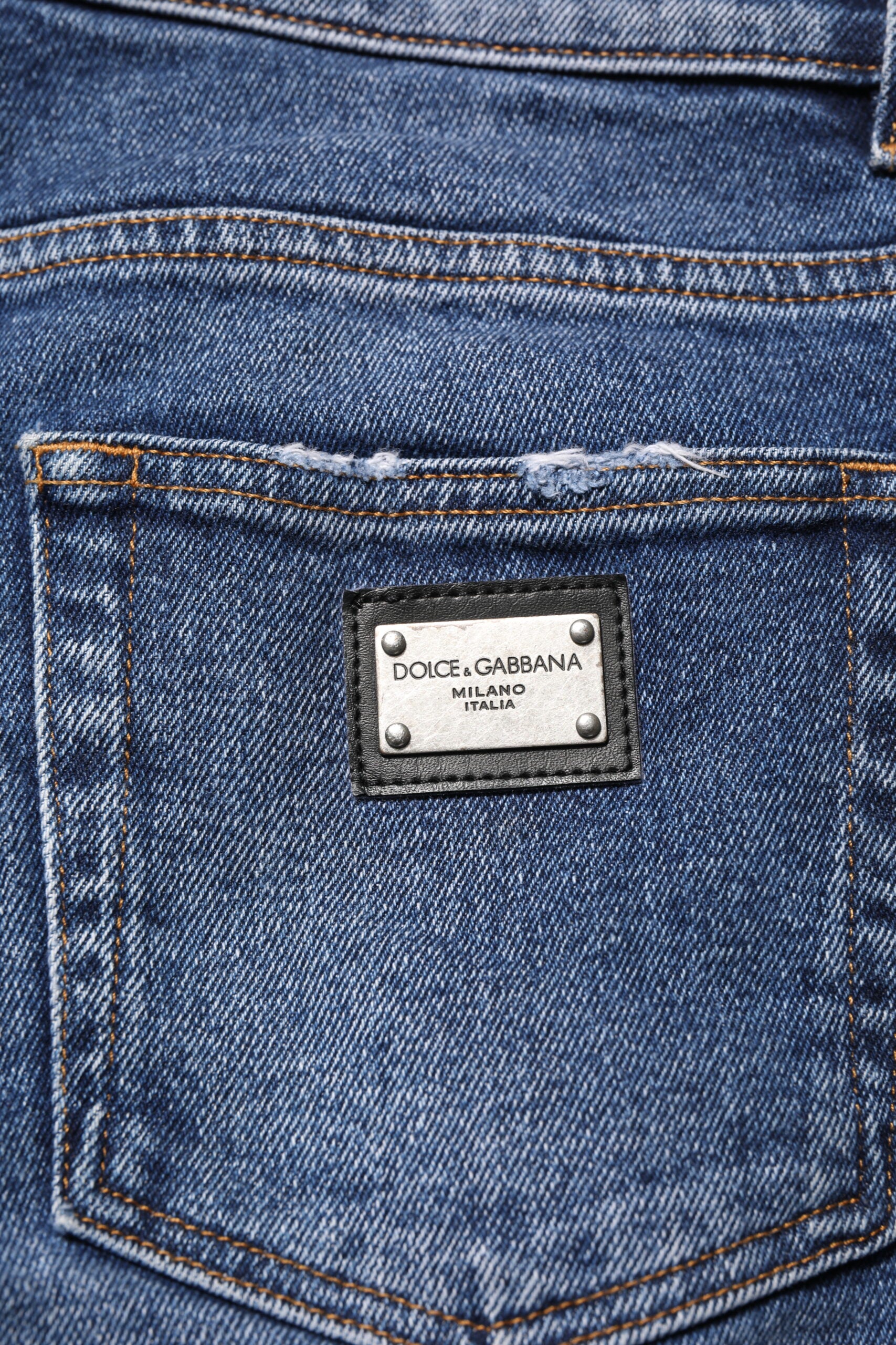 Dolce & Gabbana Blue Cotton Logo Plaque Skinny Men Denim Jeans | Regal Royce