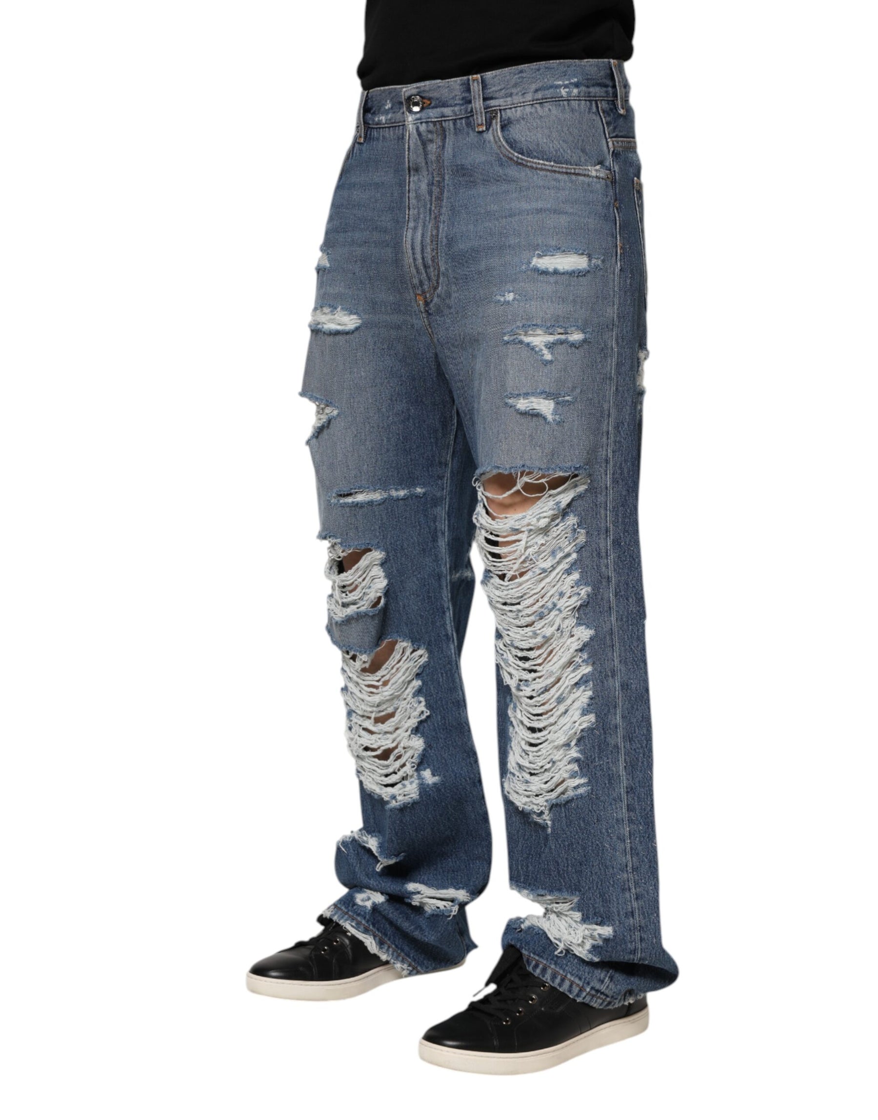 Dolce & Gabbana Blue Tattered Cotton Logo Plaque Denim Jeans | Regal Royce