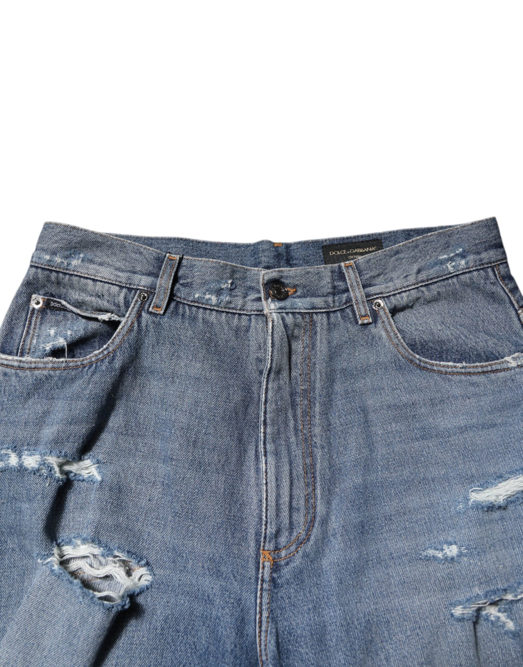 Dolce & Gabbana Blue Tattered Cotton Logo Plaque Denim Jeans | Regal Royce