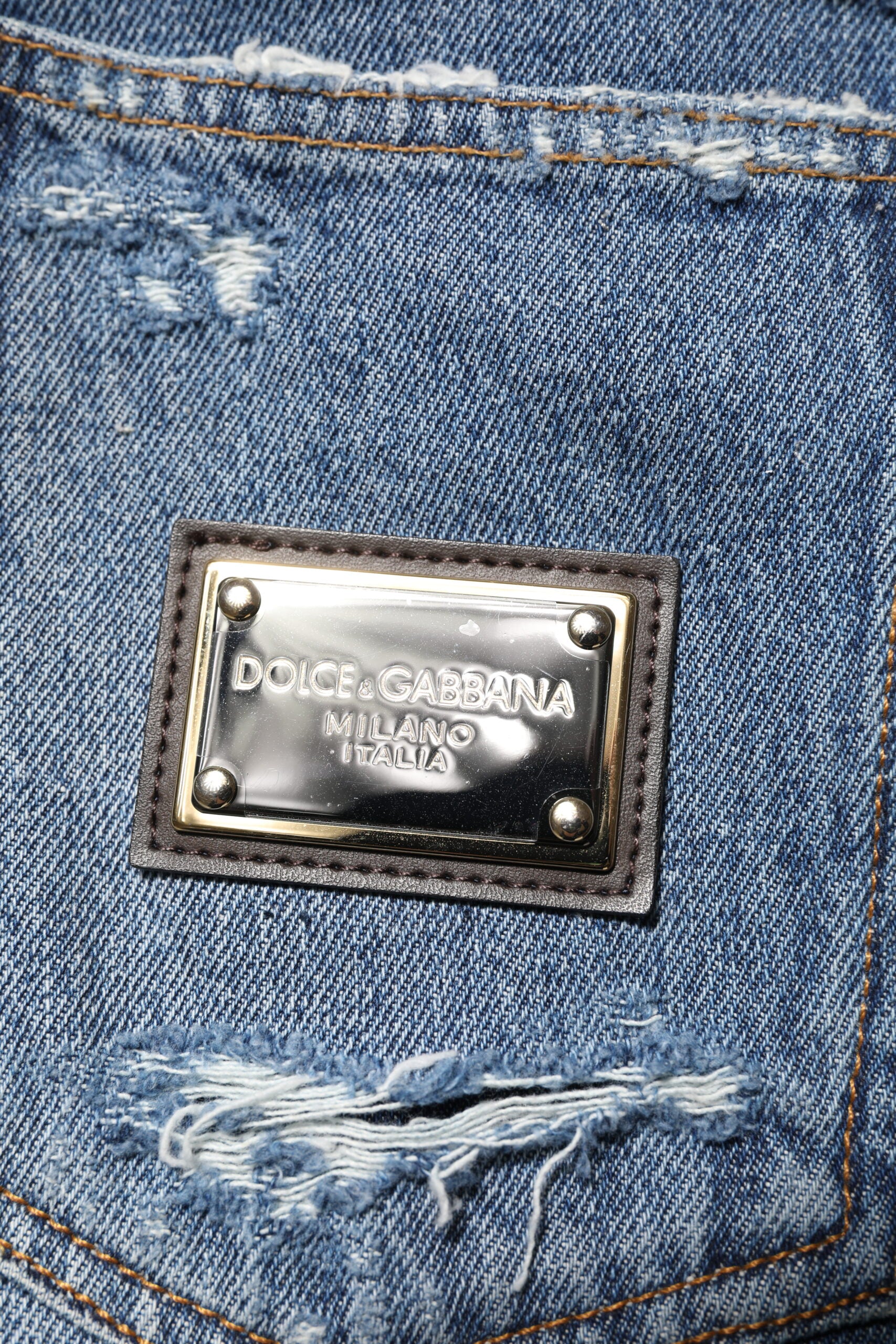 Dolce & Gabbana Blue Tattered Cotton Logo Plaque Denim Jeans | Regal Royce