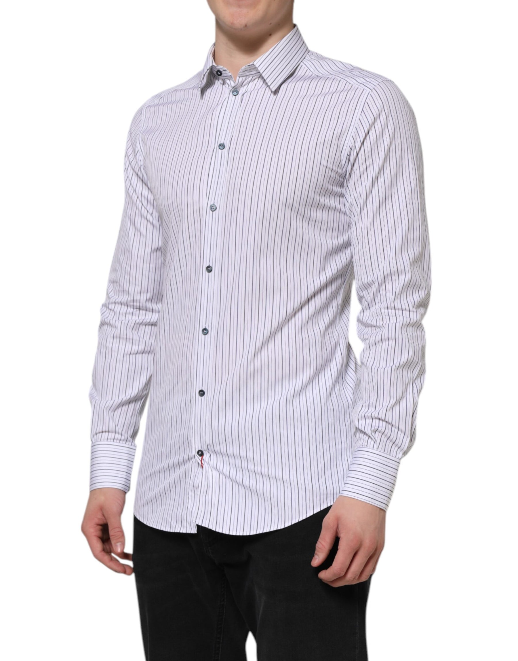 Dolce & Gabbana White Blue Striped Cotton GOLD Formal Shirt | Regal Royce
