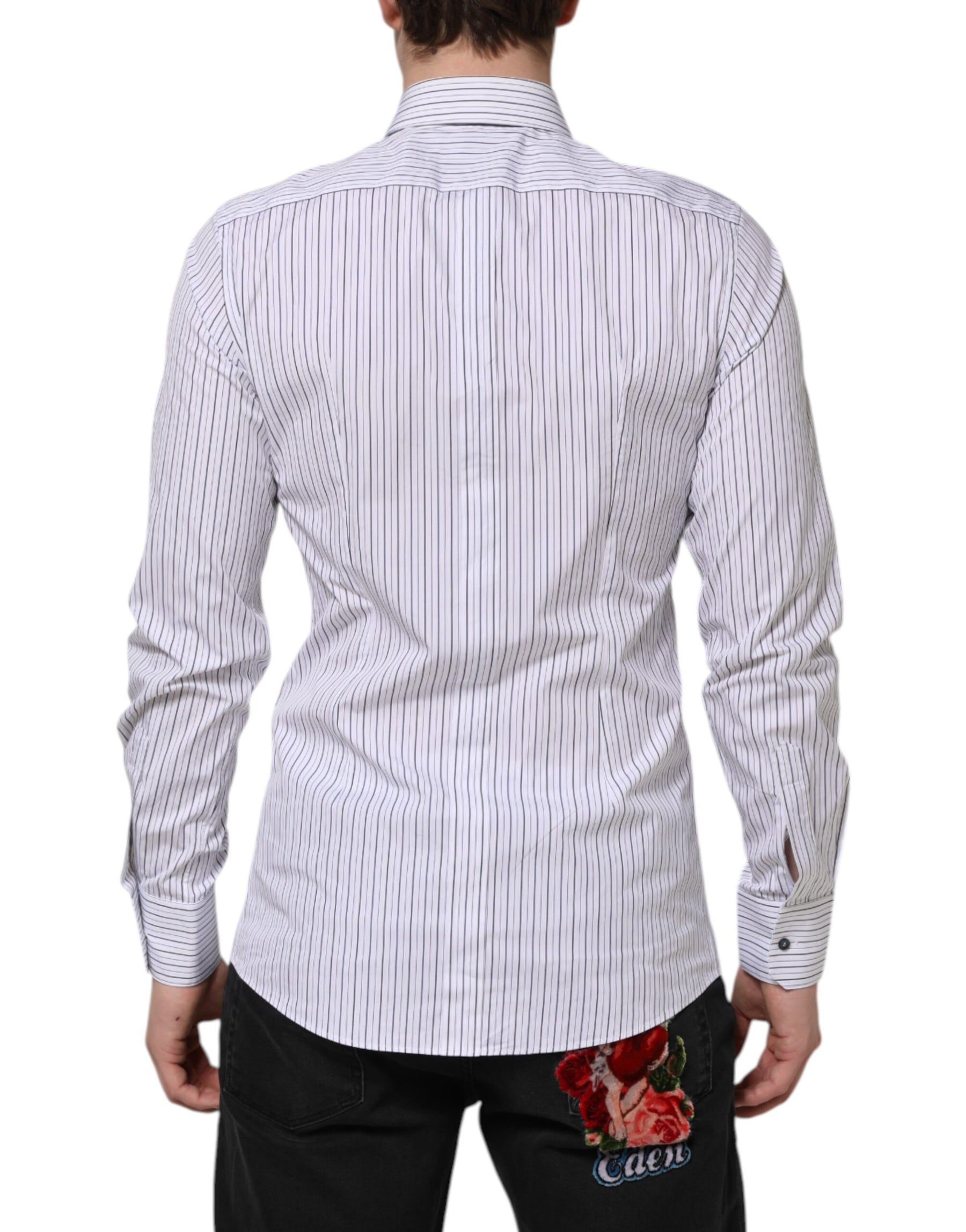 Dolce & Gabbana White Blue Striped Cotton GOLD Formal Shirt | Regal Royce