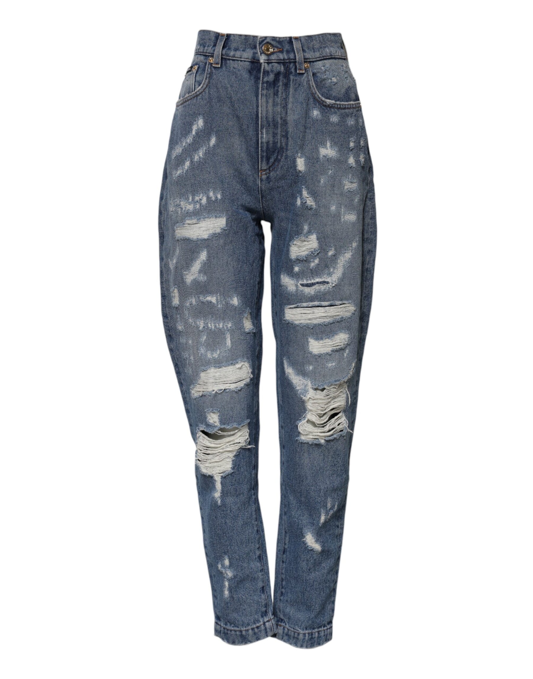 Dolce & Gabbana Blue Cotton Tattered High Waist Denim Jeans | Regal Royce