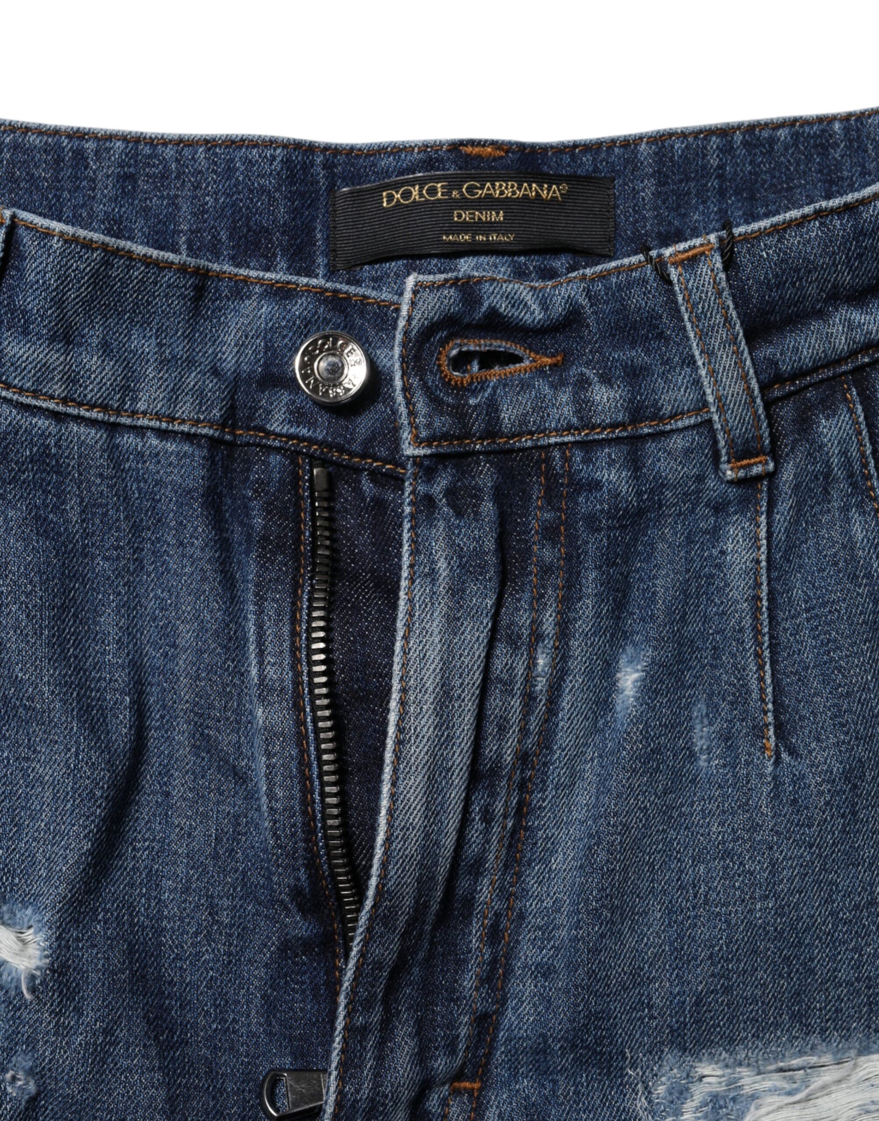 Dolce & Gabbana Blue Cotton Tattered Denim Bermuda Shorts | Regal Royce