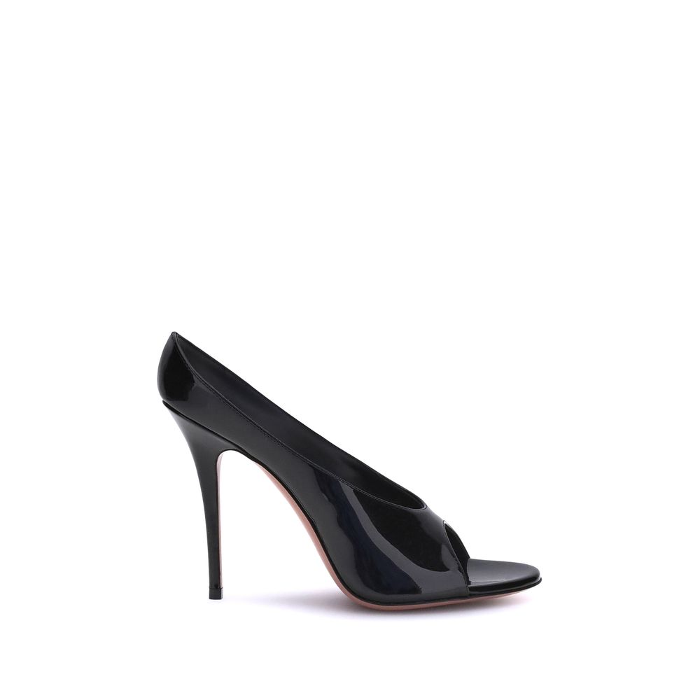 Amina Muaddi Black Calf Leather Bos Taurus Stiletto Heel Sandals | Regal Royce