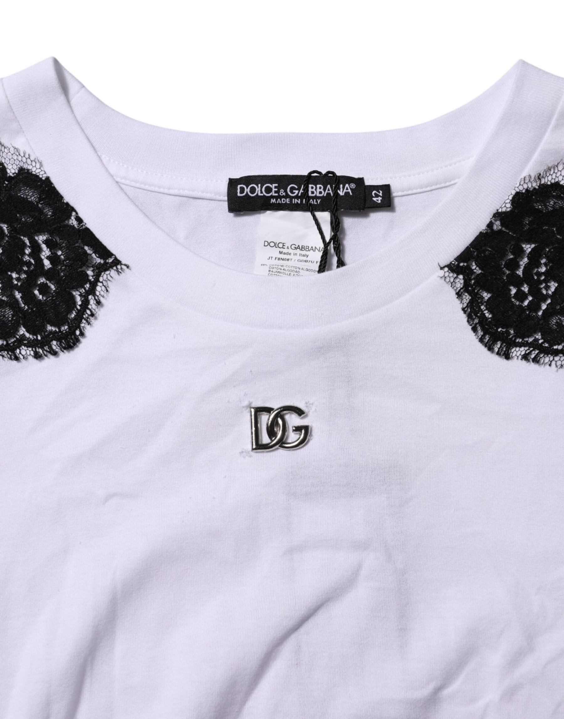 Dolce & Gabbana White Floral Lace DG Detailing Top T-shirt | Regal Royce