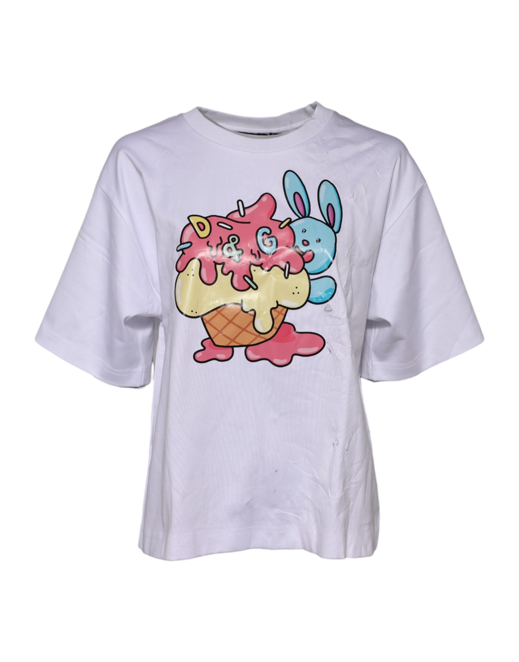 Dolce & Gabbana White Cotton Graphic Print Crew Neck T-shirt | Regal Royce