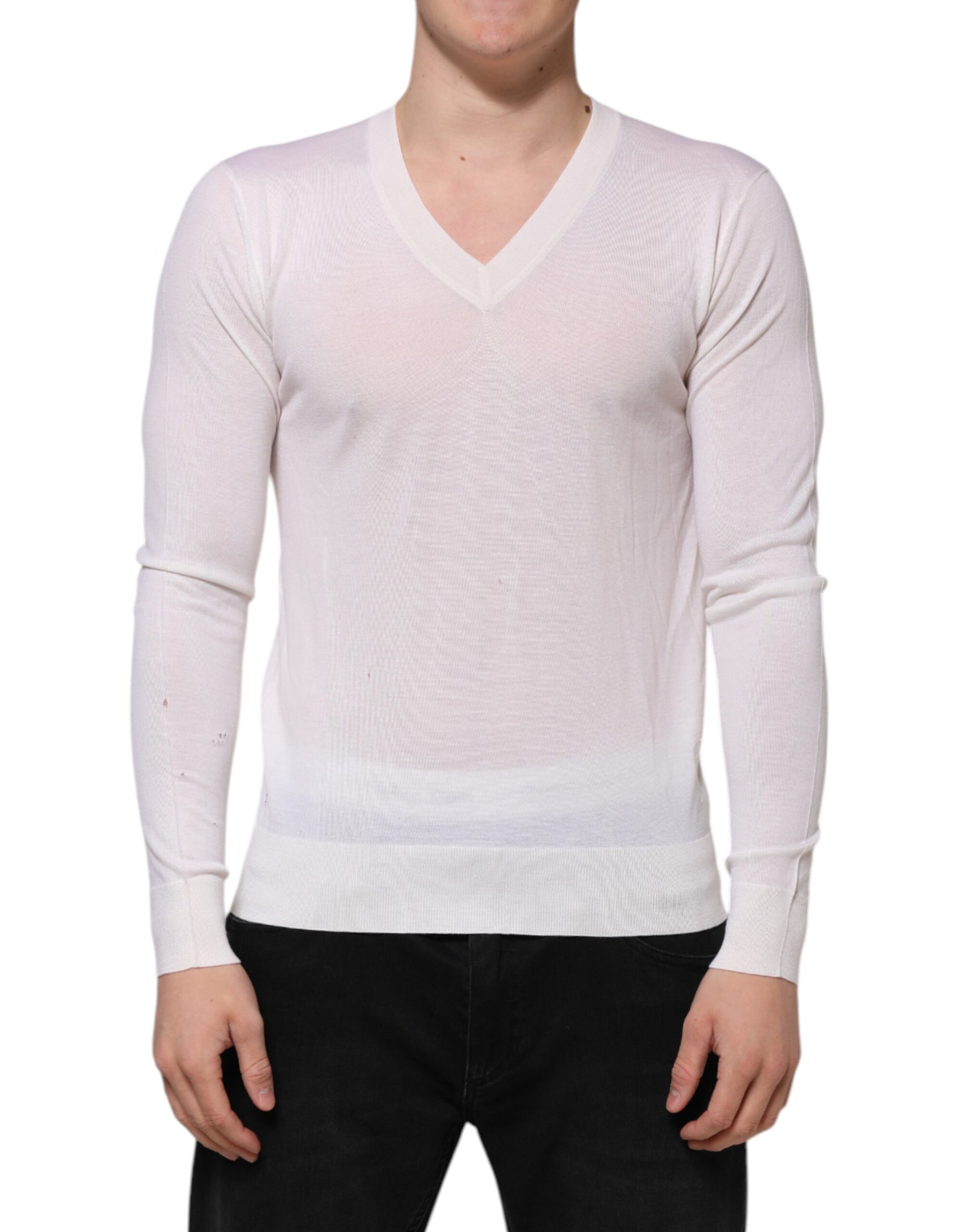 Dolce & Gabbana White Cashmere Logo V-neck Pullover Sweater | Regal Royce