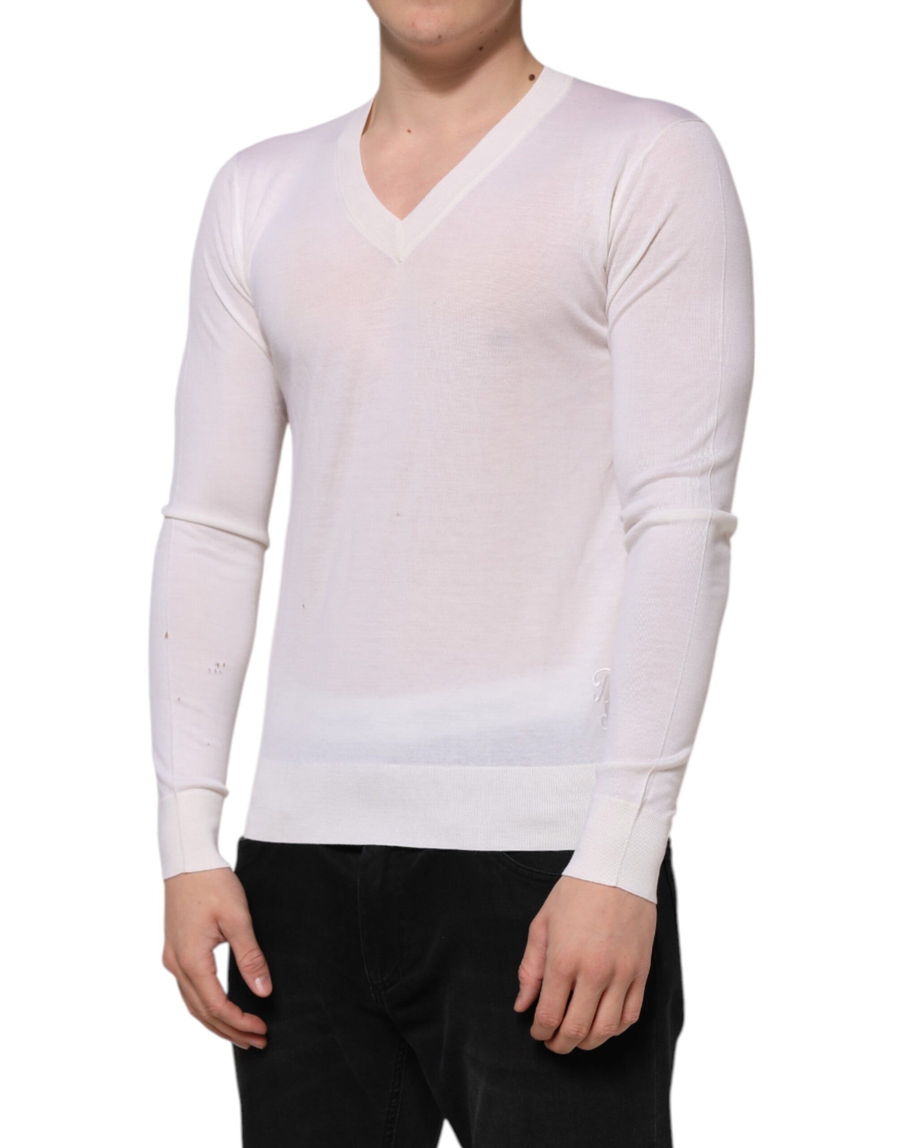 Dolce & Gabbana White Cashmere Logo V-neck Pullover Sweater | Regal Royce