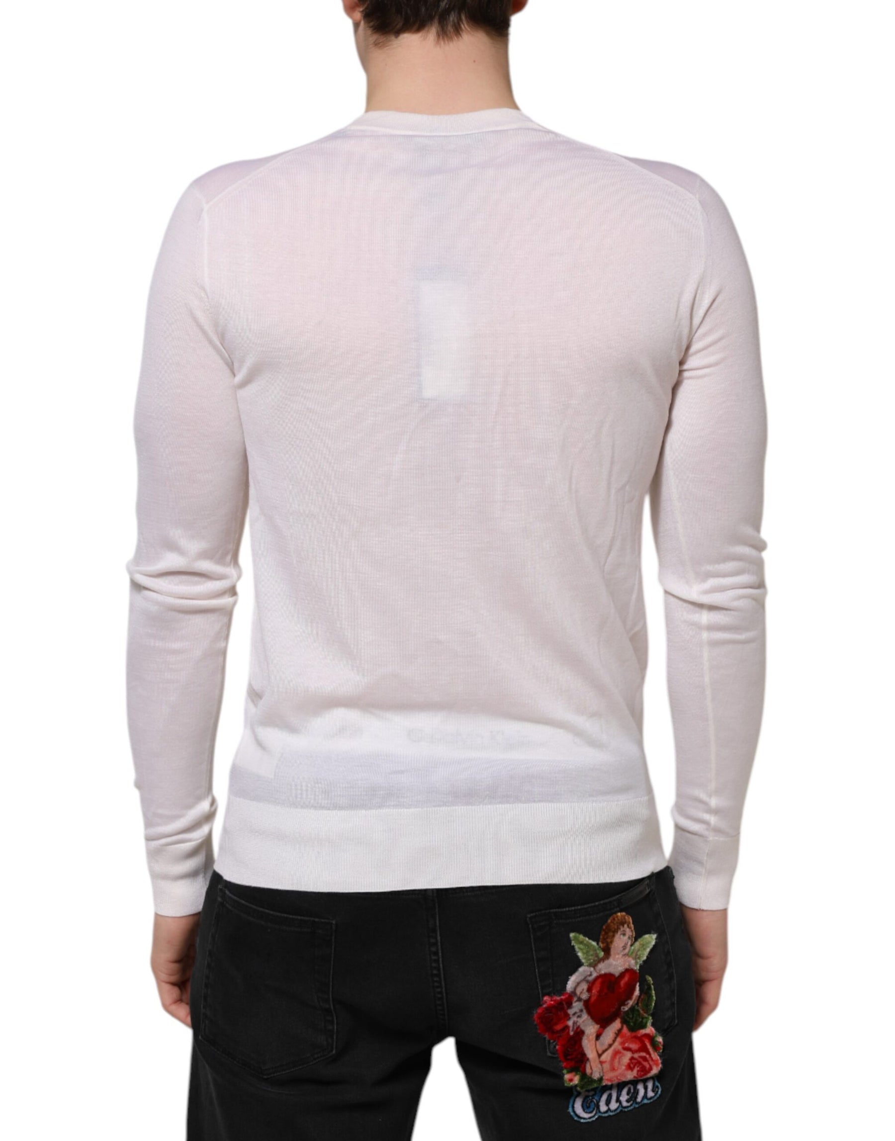 Dolce & Gabbana White Cashmere Logo V-neck Pullover Sweater | Regal Royce