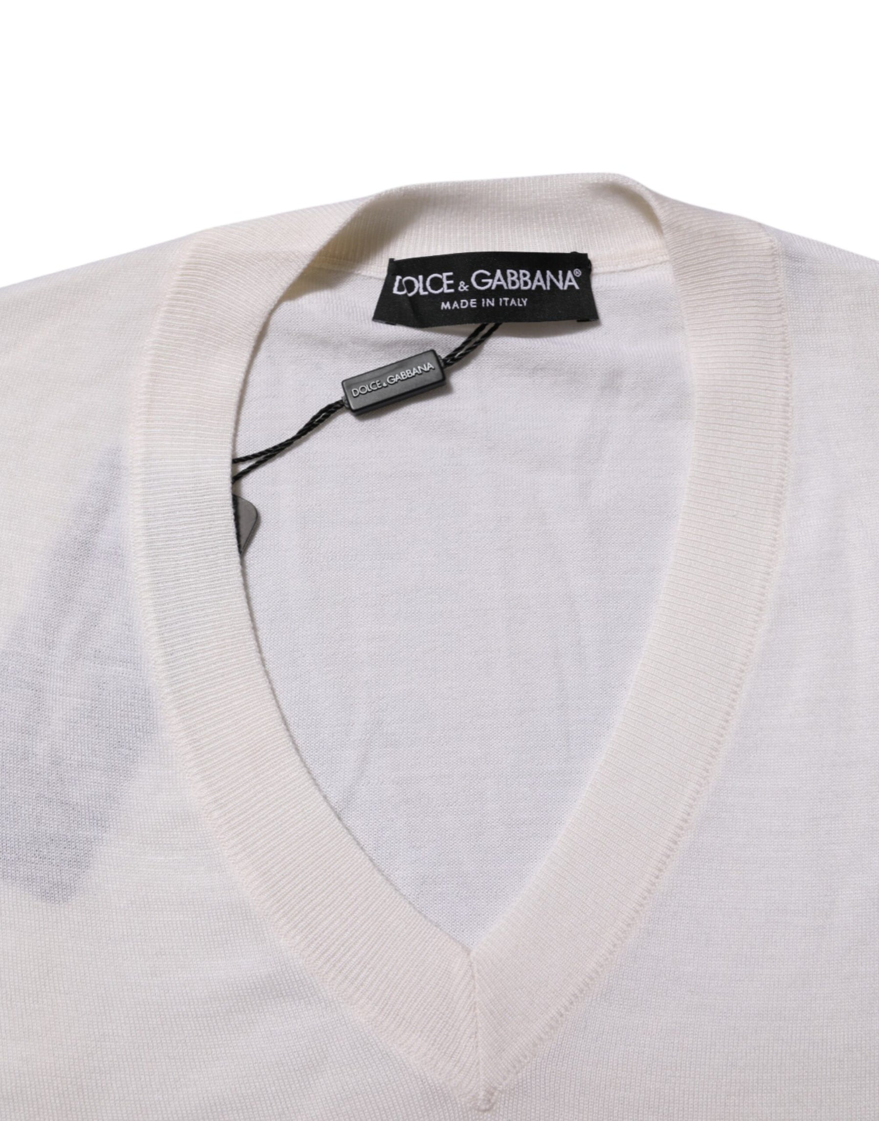 Dolce & Gabbana White Cashmere Logo V-neck Pullover Sweater | Regal Royce