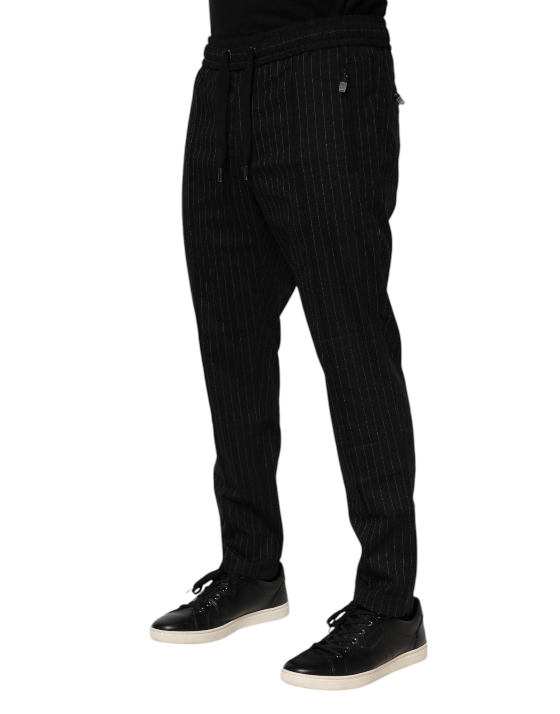 Dolce & Gabbana Black Striped Wool Men Jogger Pants | Regal Royce