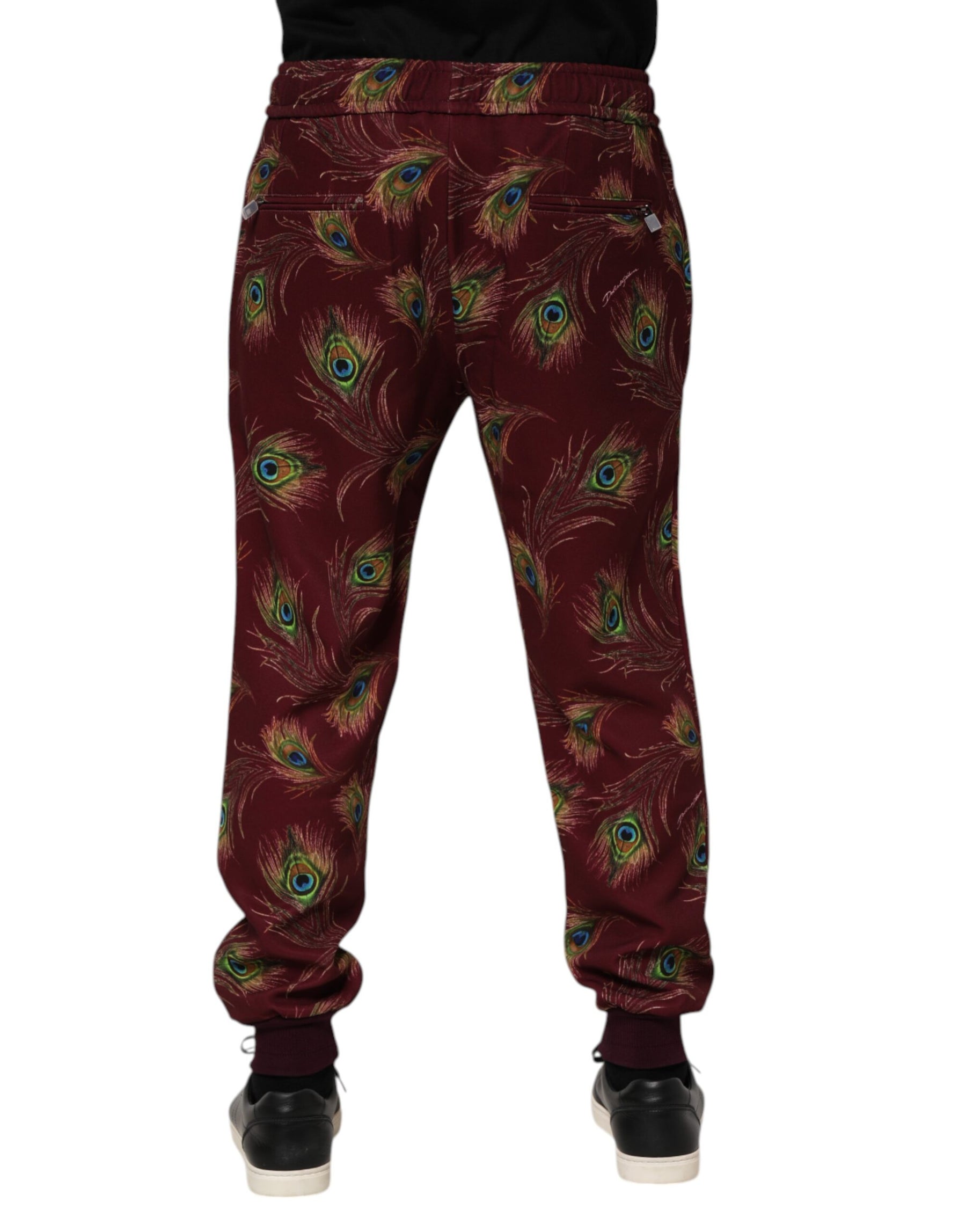 Dolce & Gabbana Burgundy Peacock Feather Print Jogger Pants | Regal Royce