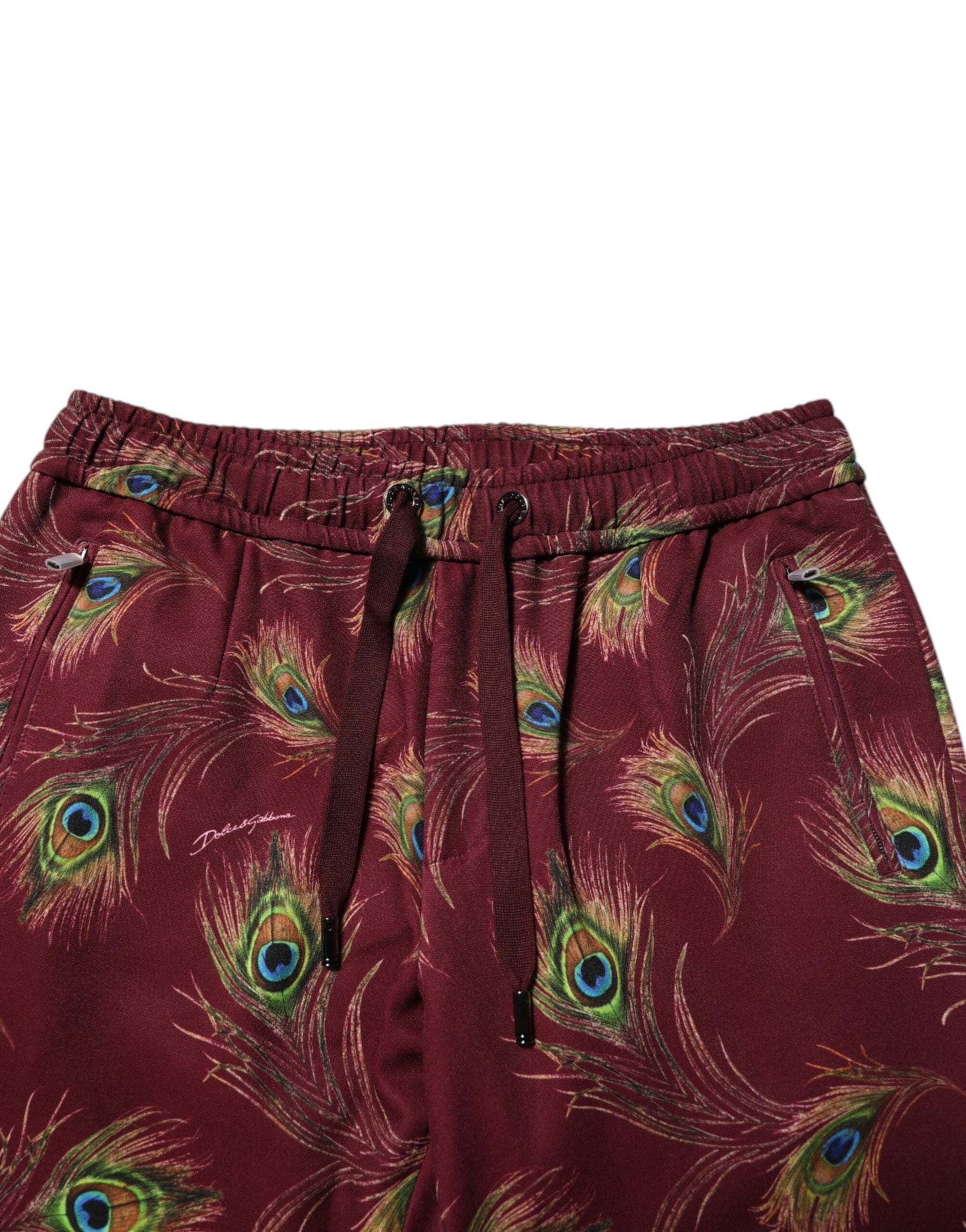 Dolce & Gabbana Burgundy Peacock Feather Print Jogger Pants | Regal Royce