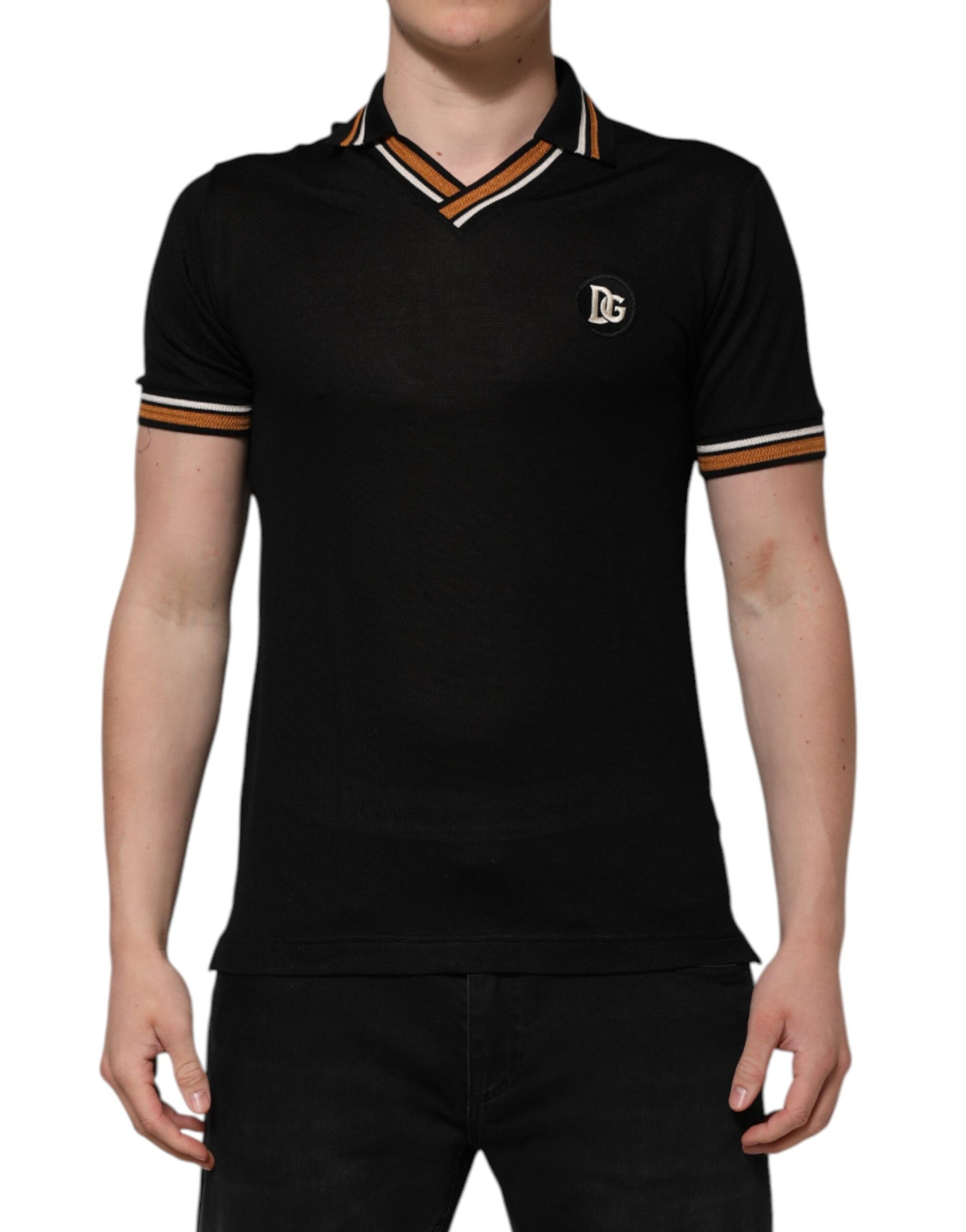 Dolce & Gabbana Black DG Silk V-neck Collared Men Polo T-shirt | Regal Royce