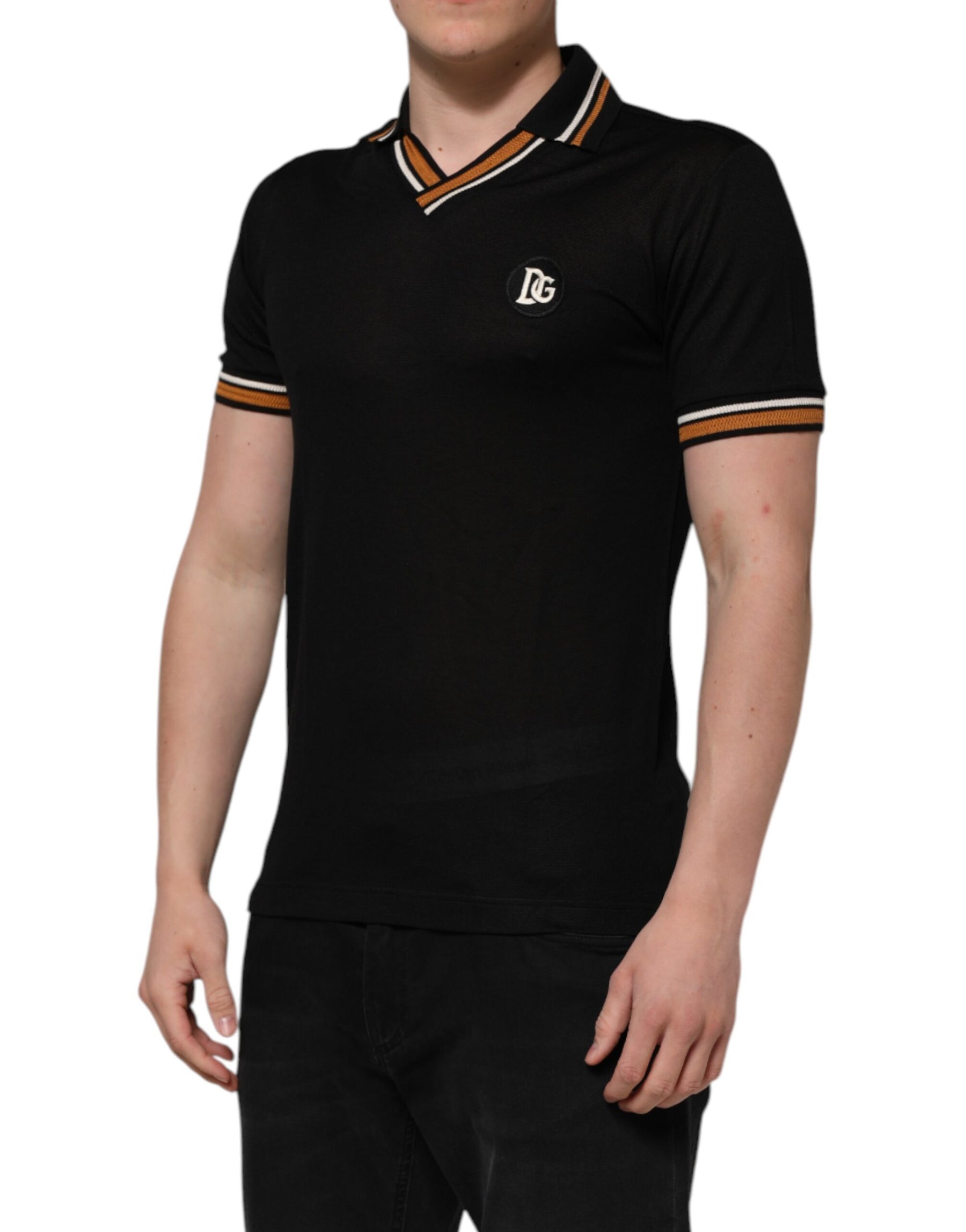 Dolce & Gabbana Black DG Silk V-neck Collared Men Polo T-shirt | Regal Royce