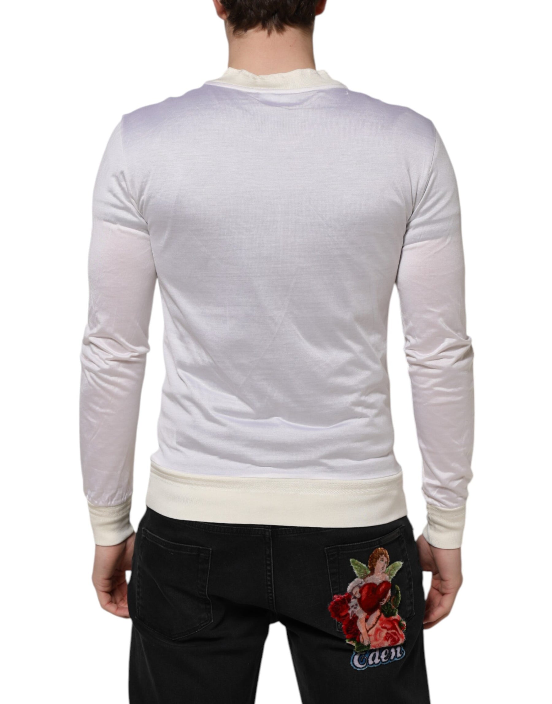 Dolce & Gabbana White Silk Crew Neck Long Sleeves T-shirt | Regal Royce
