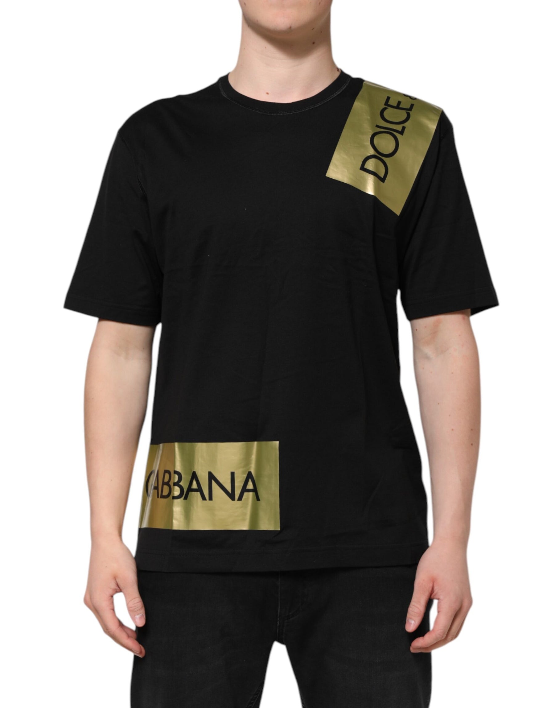 Dolce & Gabbana Black Logo Tape Cotton Men Crew Neck T-shirt | Regal Royce