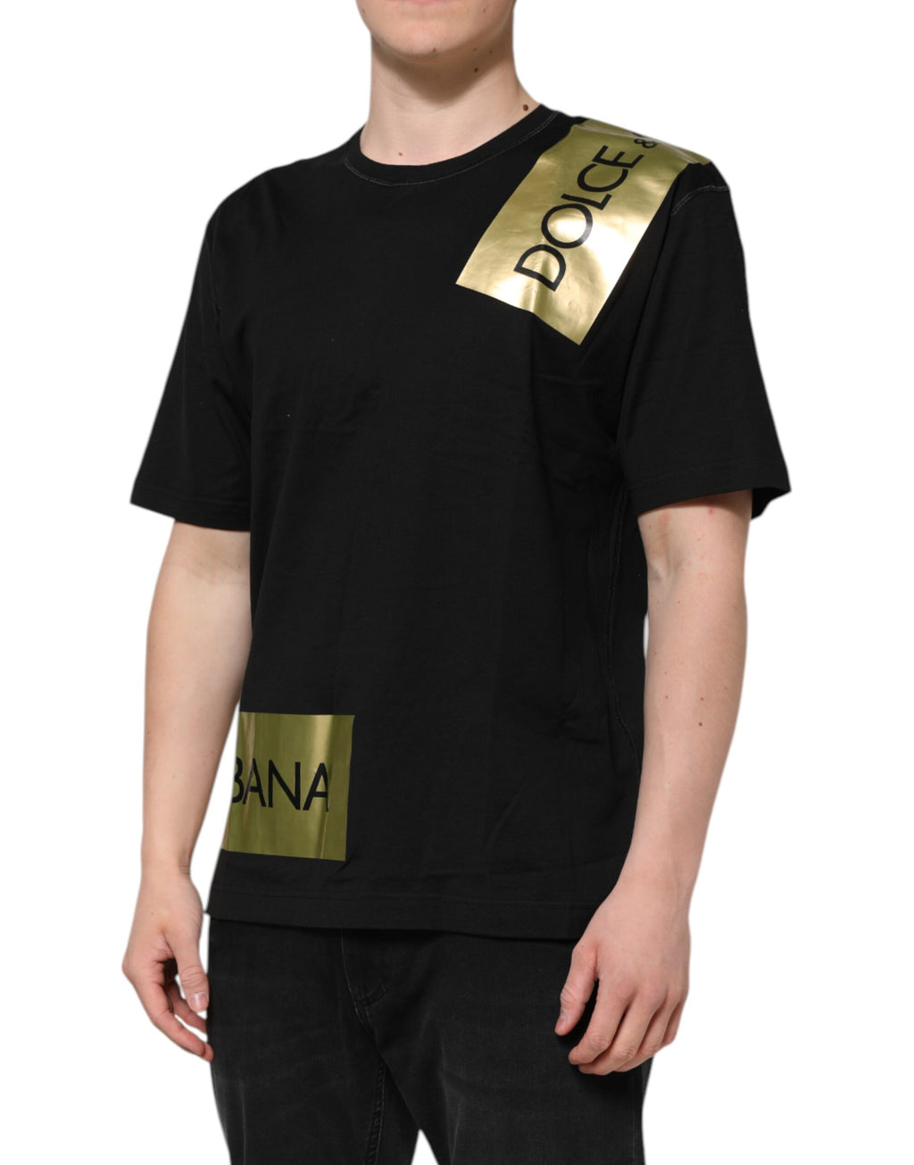 Dolce & Gabbana Black Logo Tape Cotton Men Crew Neck T-shirt