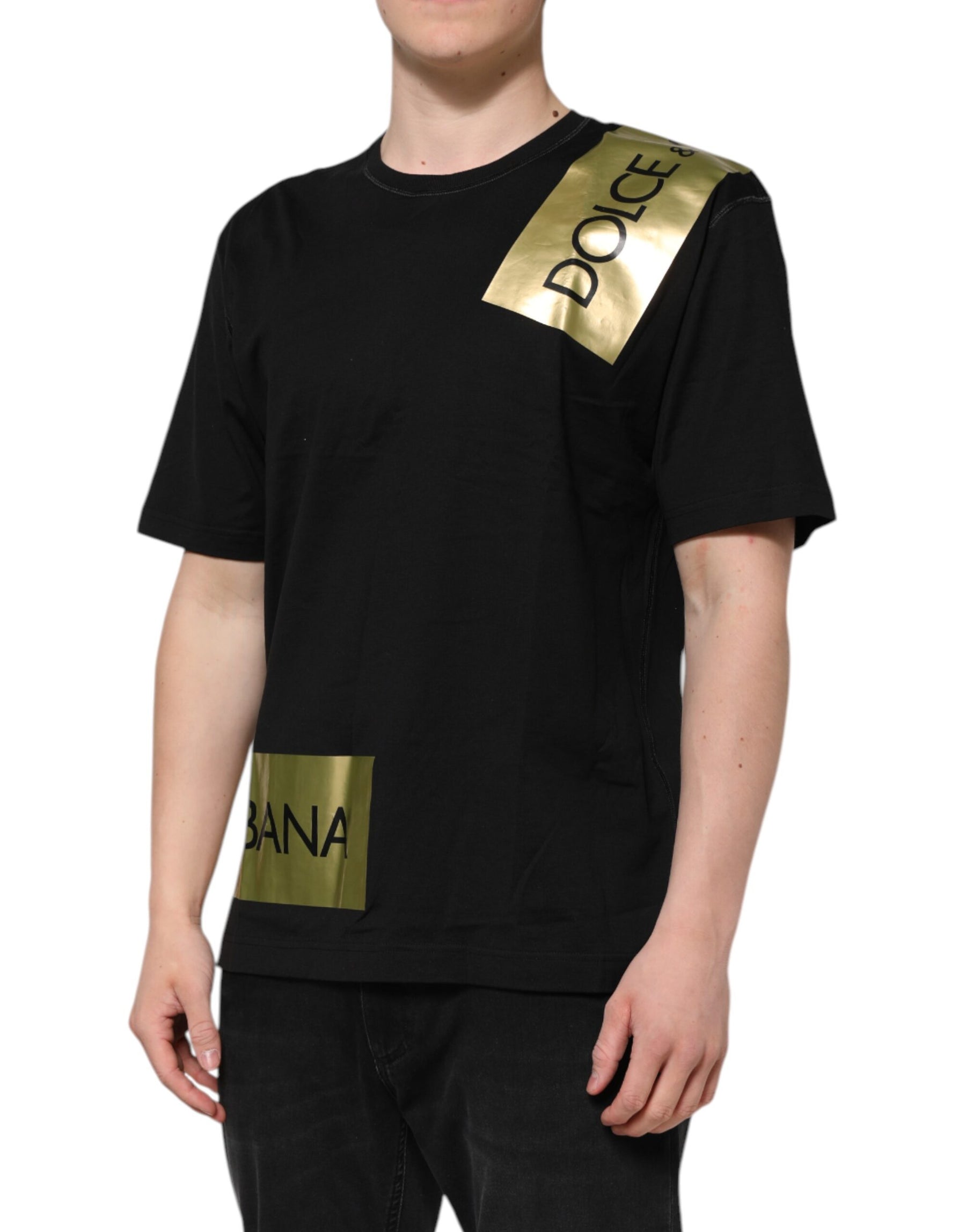 Dolce & Gabbana Black Logo Tape Cotton Men Crew Neck T-shirt | Regal Royce