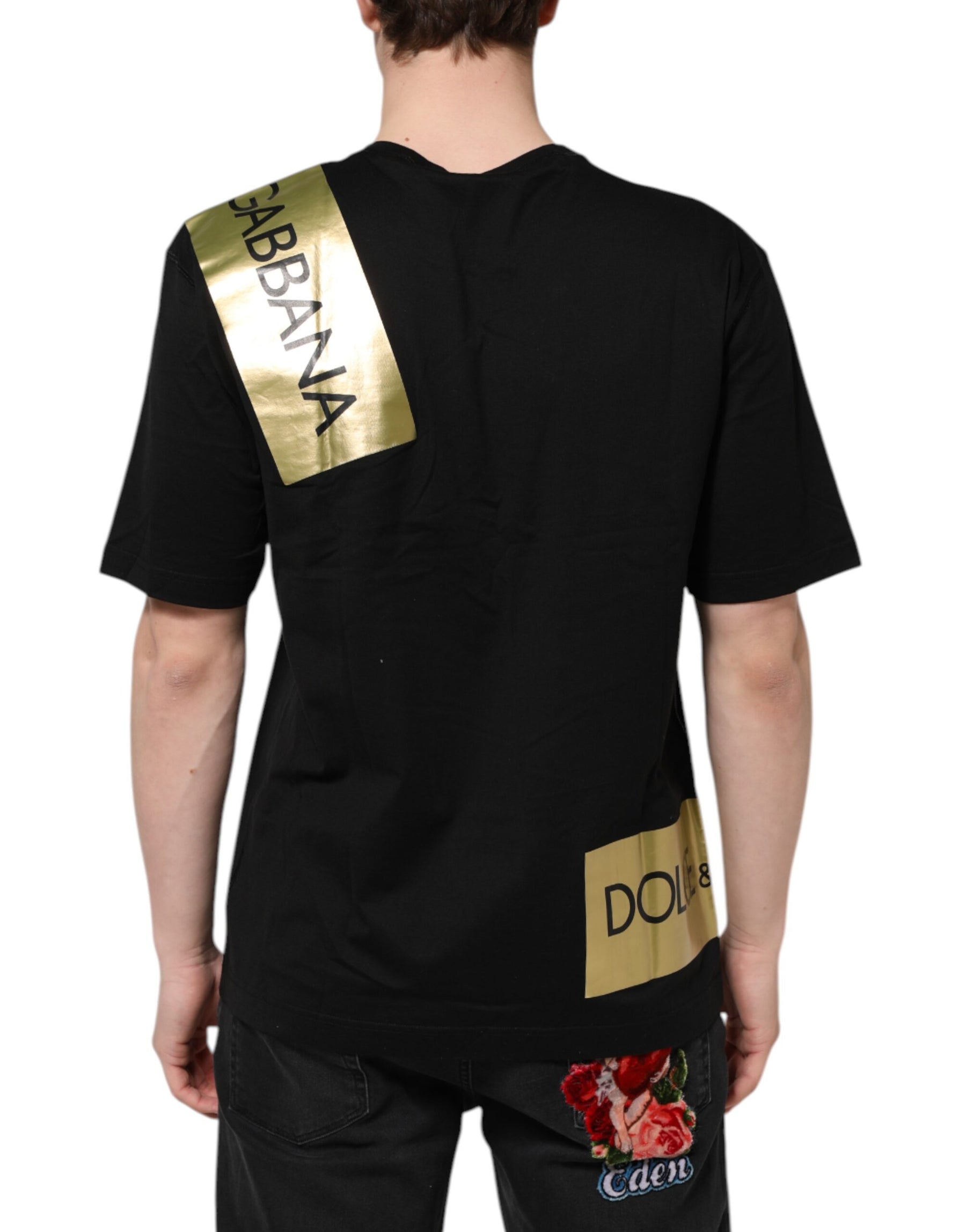 Dolce & Gabbana Black Logo Tape Cotton Men Crew Neck T-shirt | Regal Royce