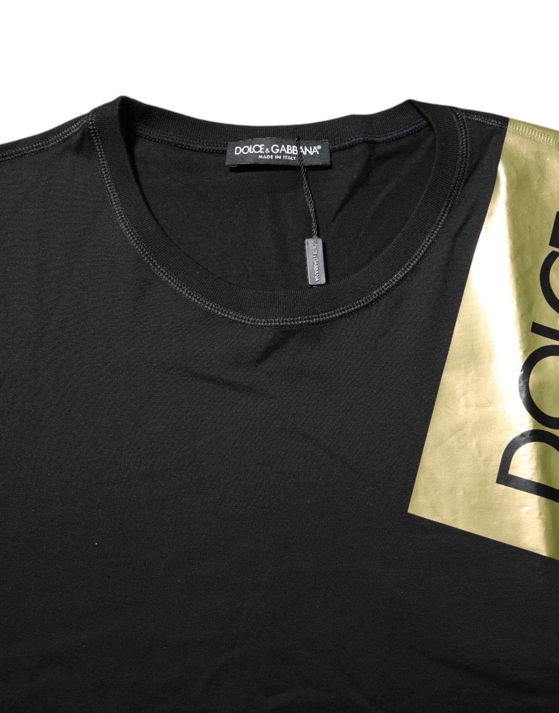 Dolce & Gabbana Black Logo Tape Cotton Men Crew Neck T-shirt | Regal Royce
