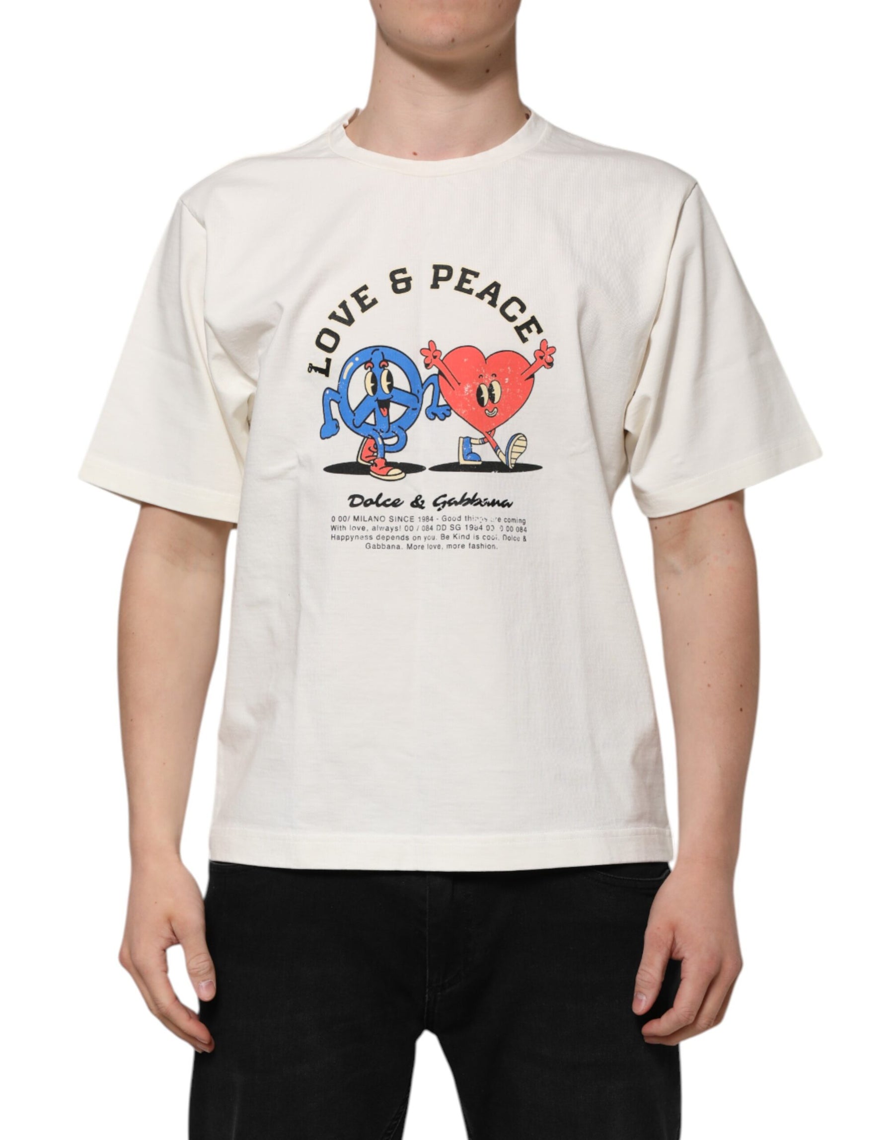 Dolce & Gabbana White Love Peace Cotton Men Crew Neck T-shirt | Regal Royce