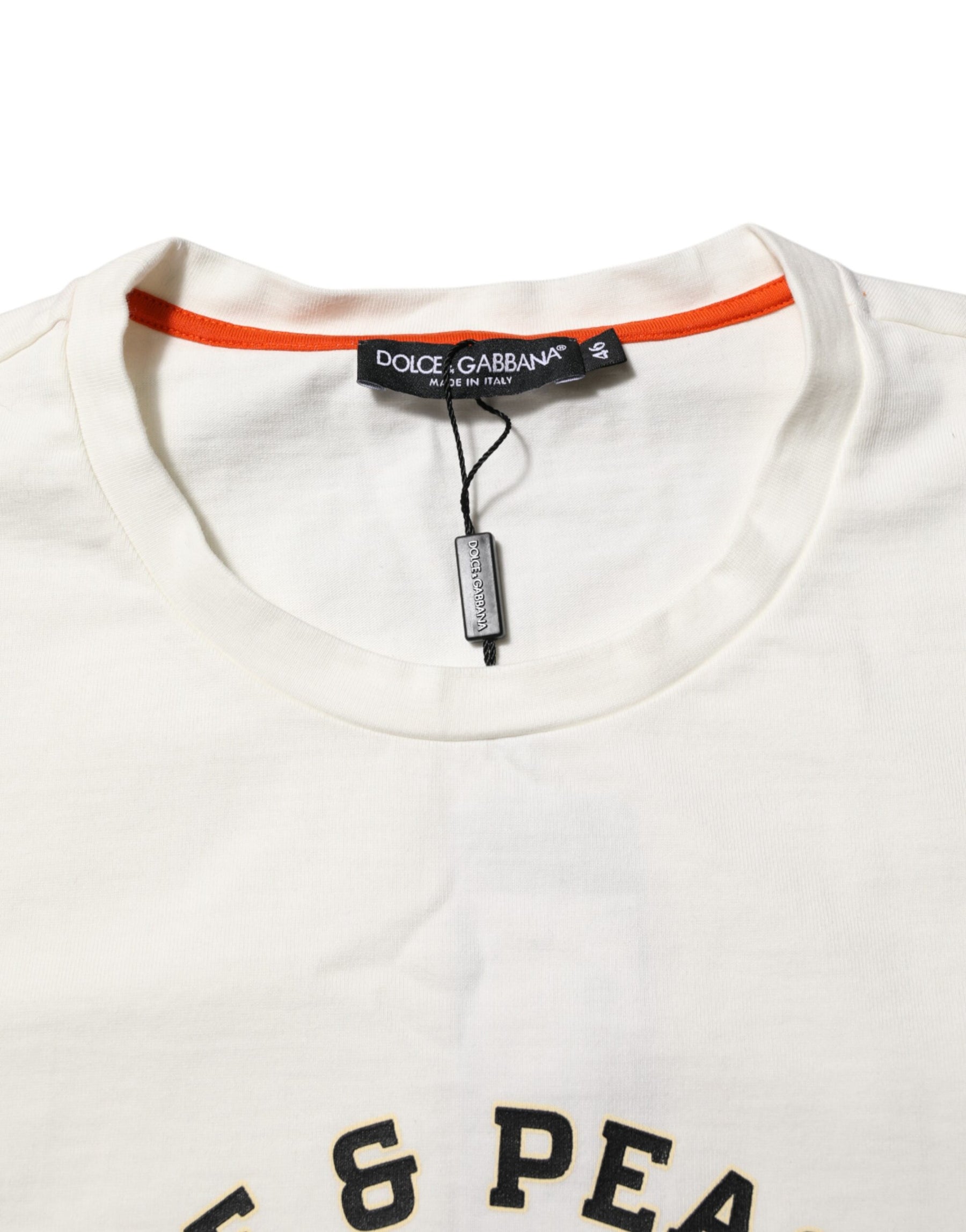 Dolce & Gabbana White Love Peace Cotton Men Crew Neck T-shirt | Regal Royce