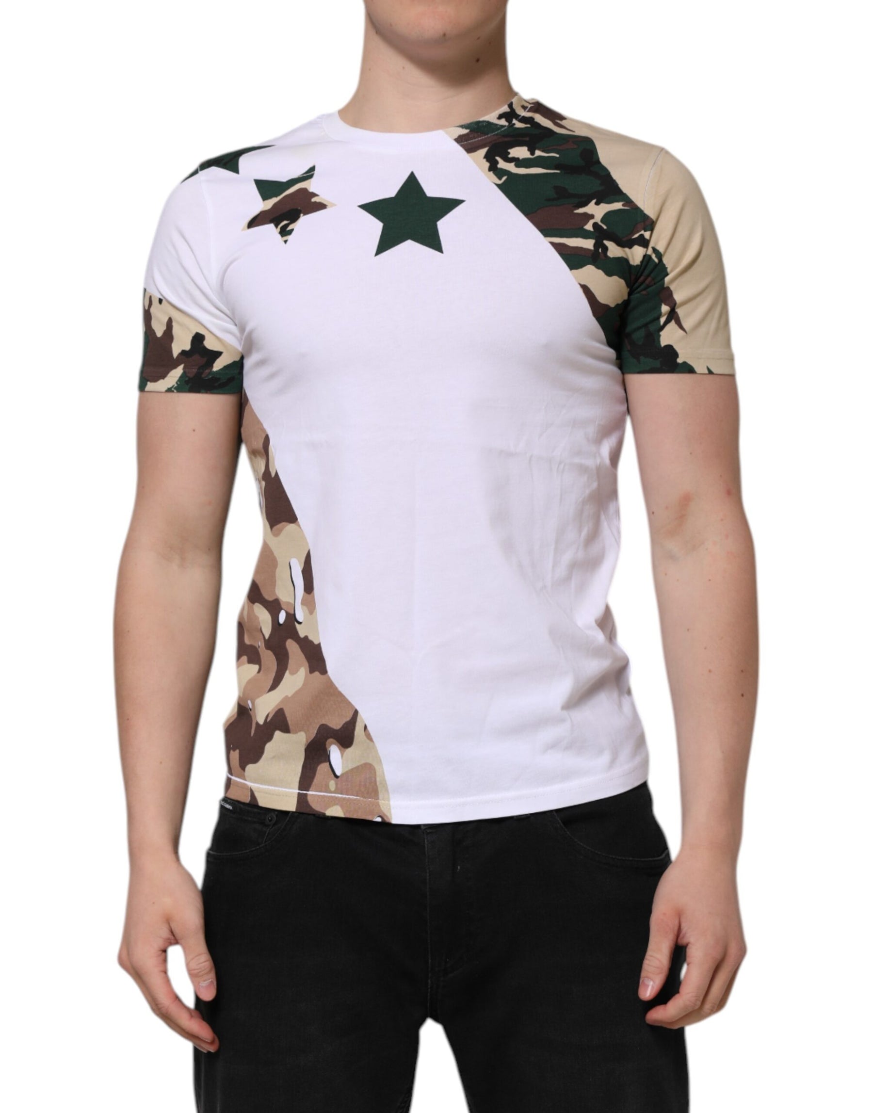 Dolce & Gabbana White Camouflage Cotton Men Crew Neck T-shirt | Regal Royce