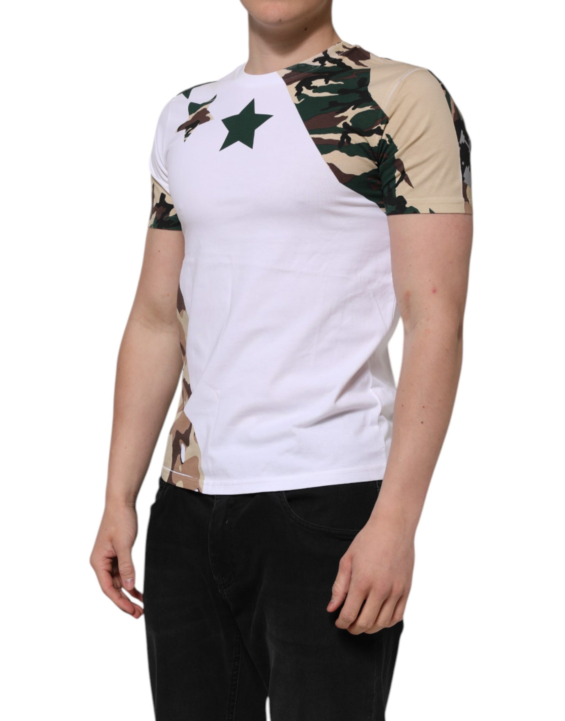 Dolce & Gabbana White Camouflage Cotton Men Crew Neck T-shirt | Regal Royce