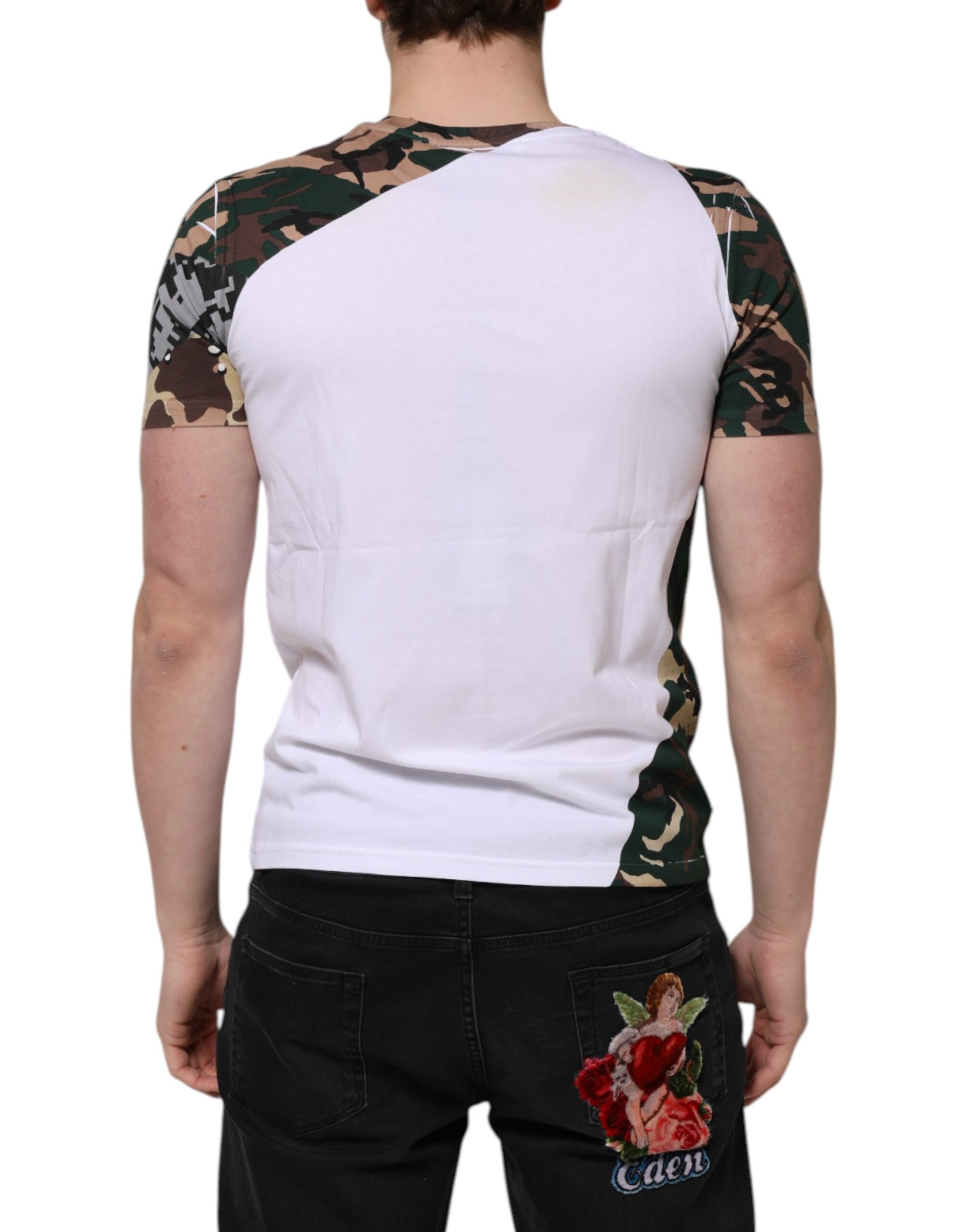 Dolce & Gabbana White Camouflage Cotton Men Crew Neck T-shirt | Regal Royce