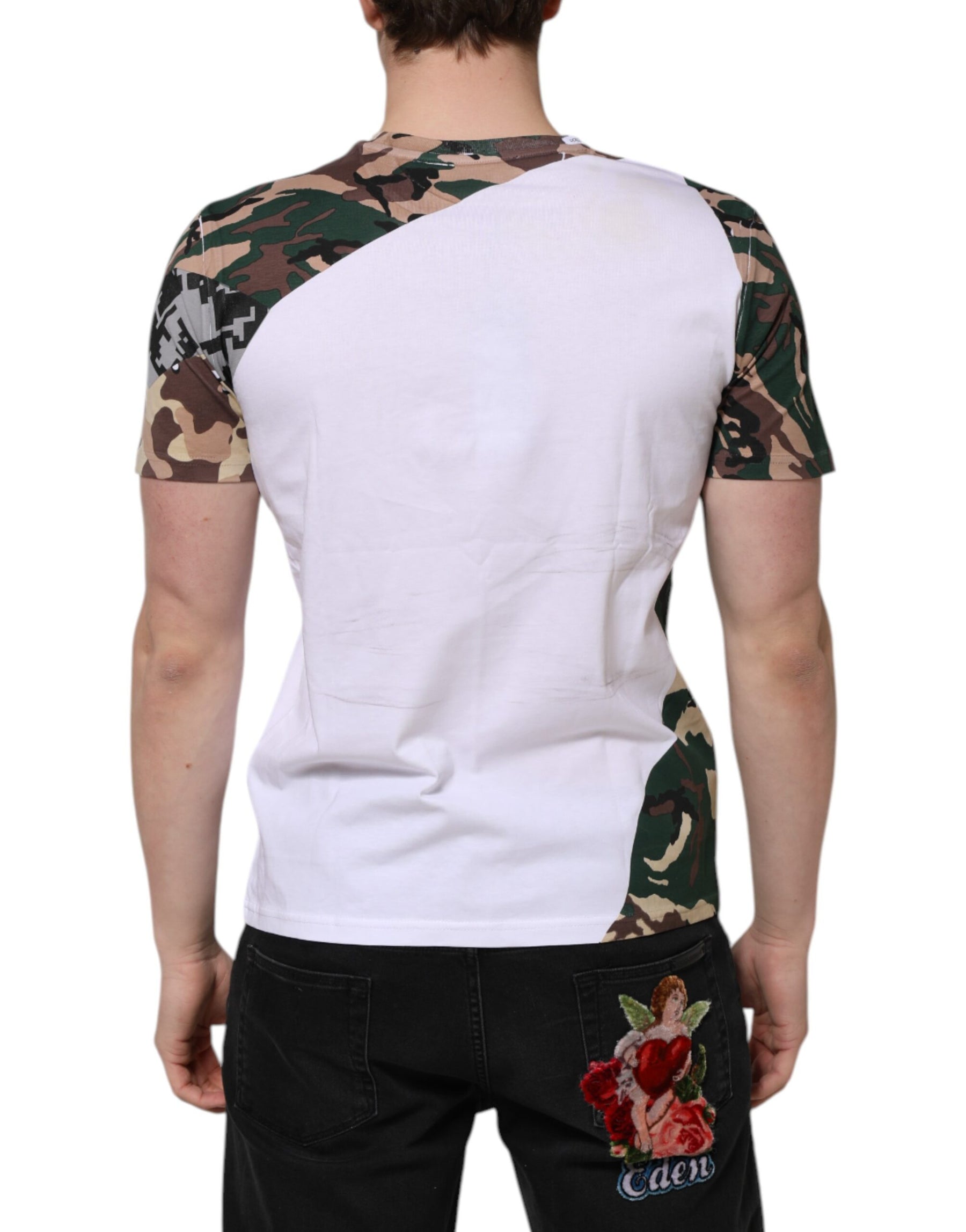 Dolce & Gabbana White Camouflage Cotton Men Crew Neck T-shirt | Regal Royce