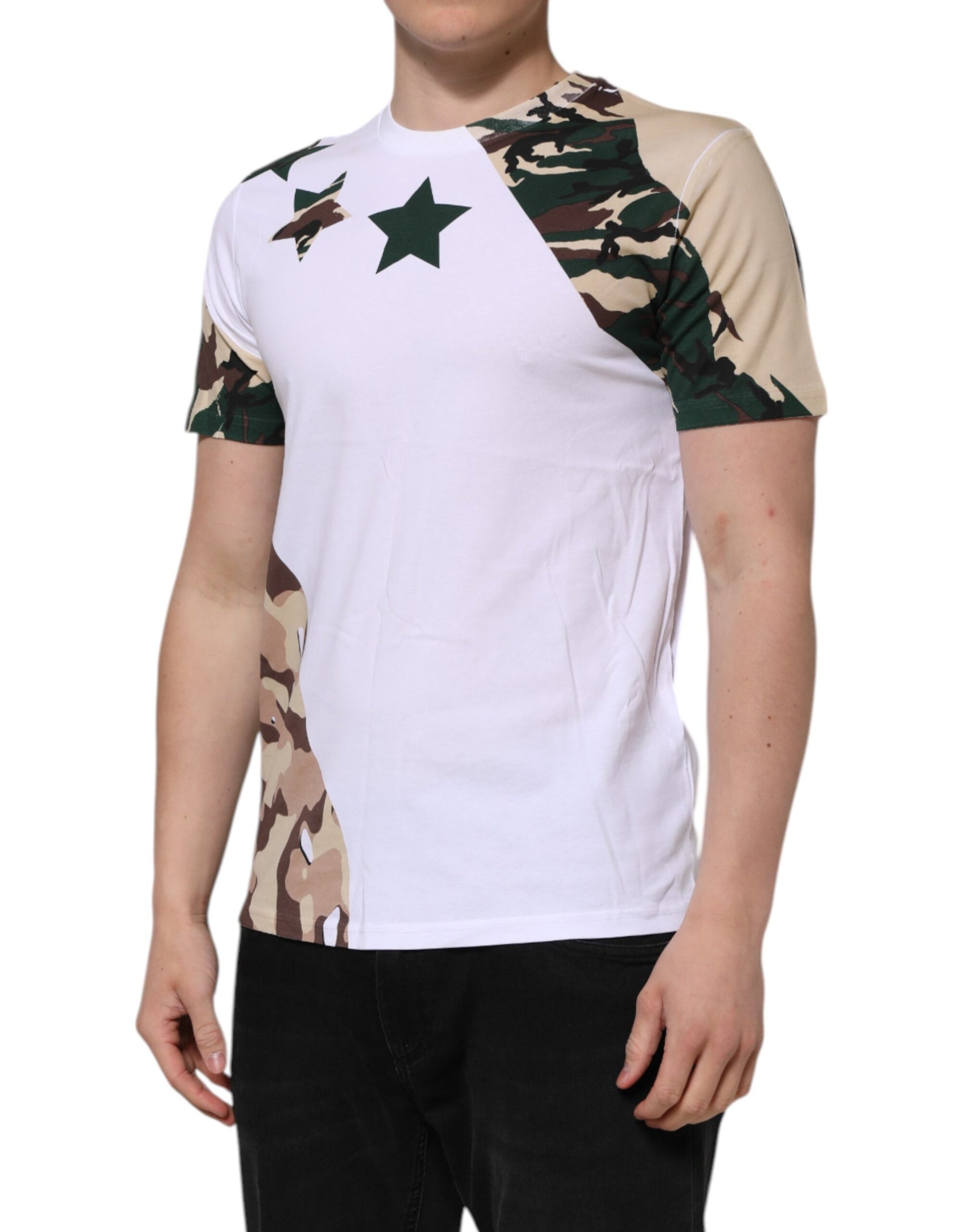 Dolce & Gabbana White Camouflage Cotton Men Crew Neck T-shirt | Regal Royce