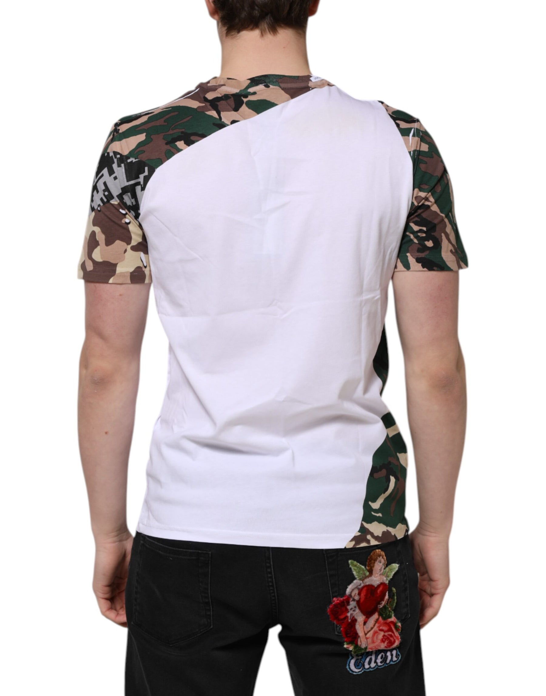 Dolce & Gabbana White Camouflage Cotton Men Crew Neck T-shirt | Regal Royce