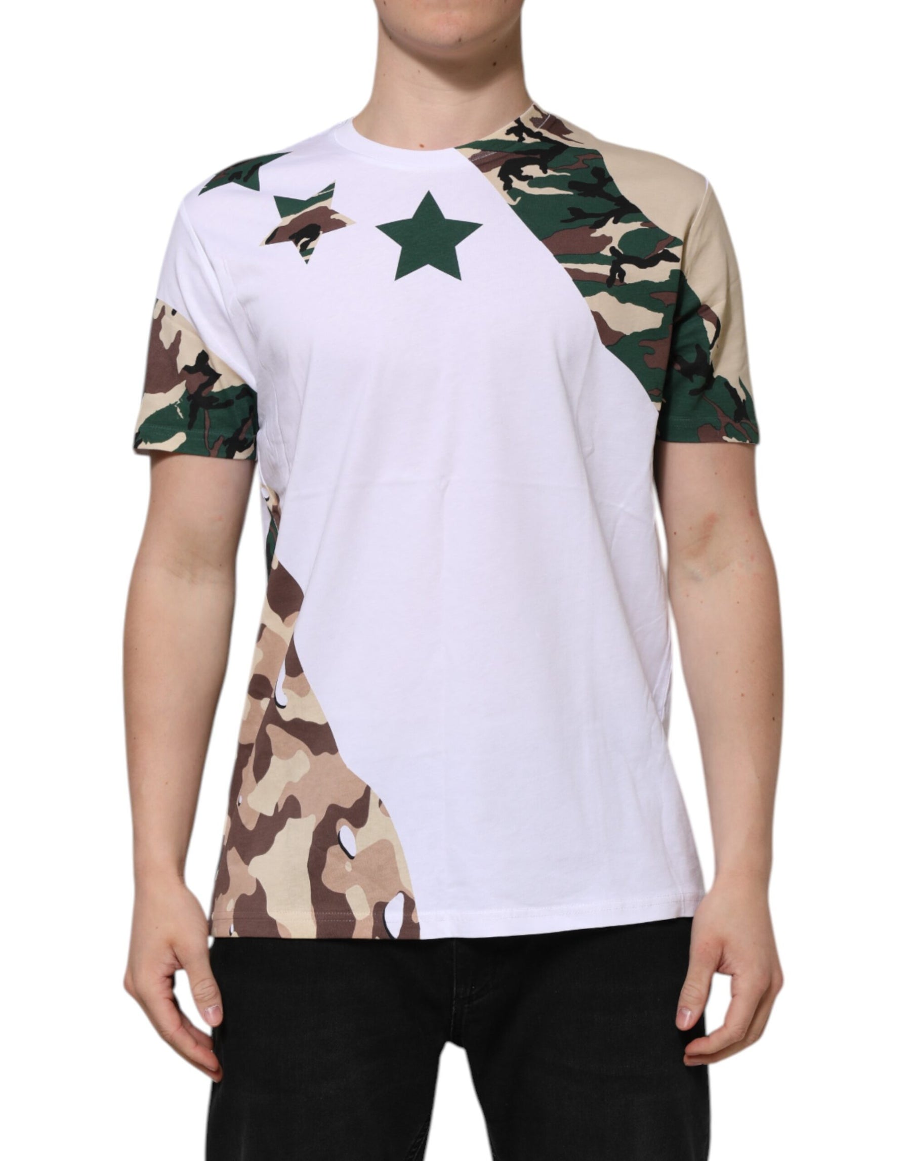 Dolce & Gabbana White Camouflage Cotton Men Crew Neck T-shirt | Regal Royce