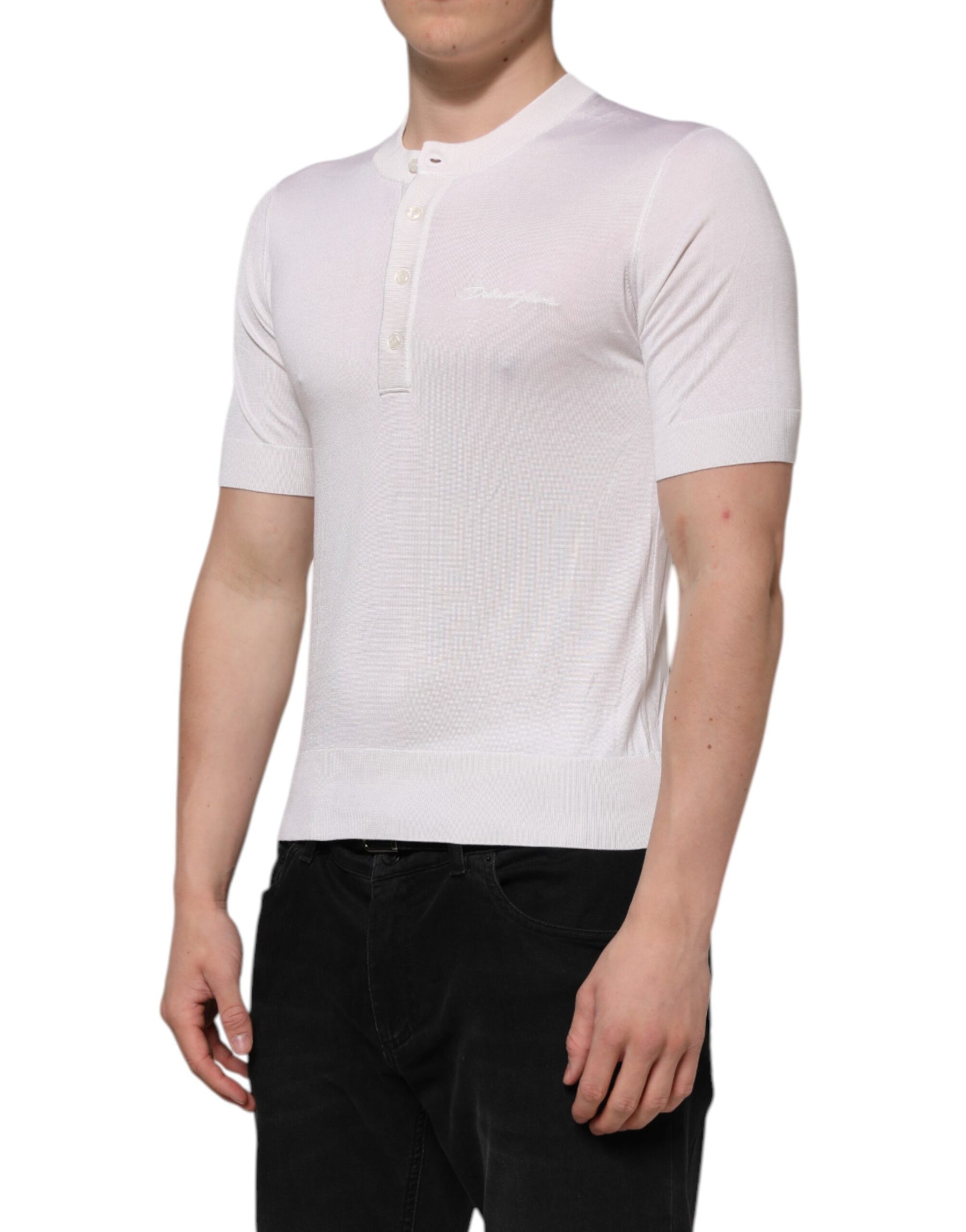 Dolce & Gabbana White Silk Short Sleeves Men Henley T-shirt | Regal Royce
