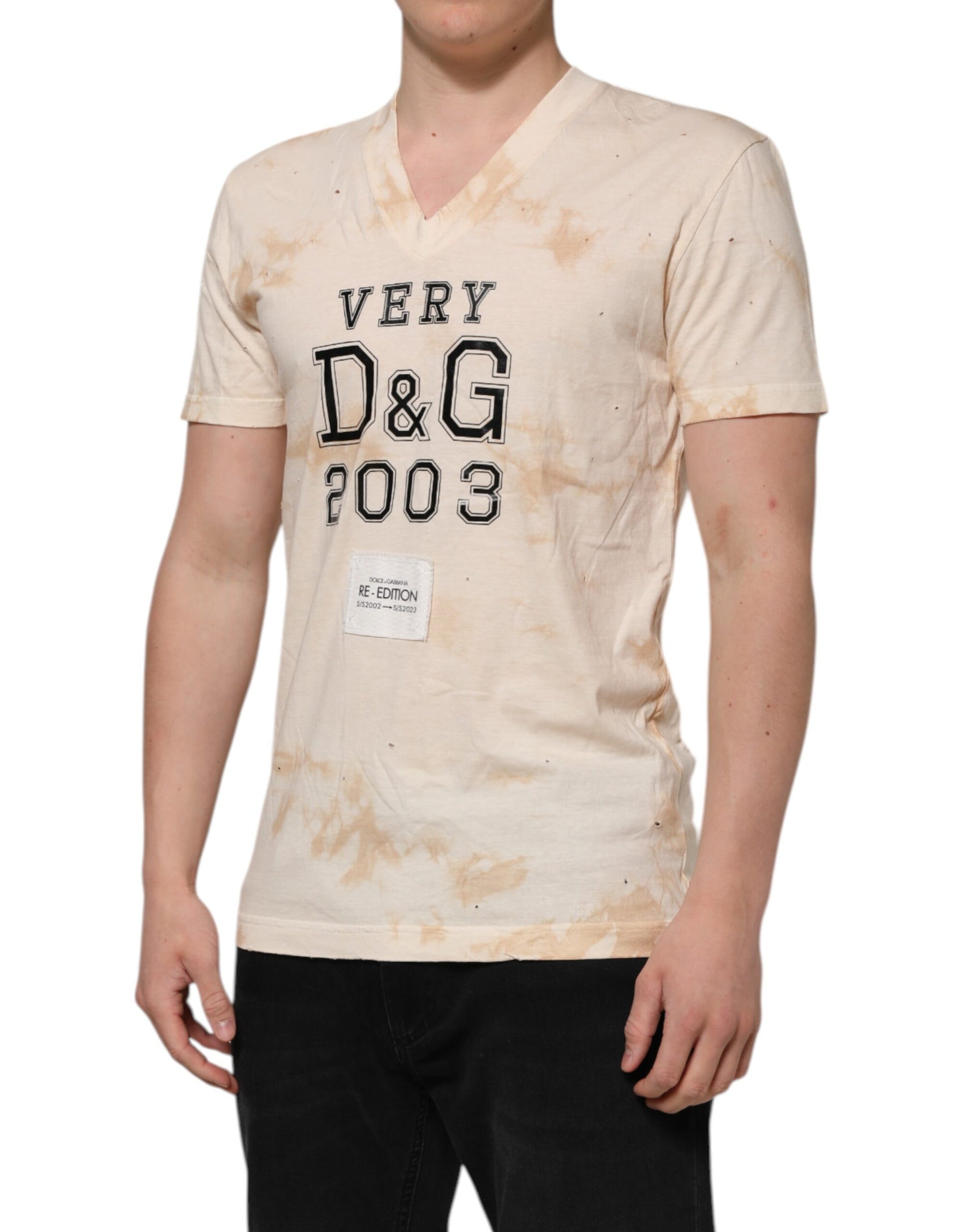 Dolce & Gabbana Beige Logo Print Short Sleeve V-neck T-shirt | Regal Royce