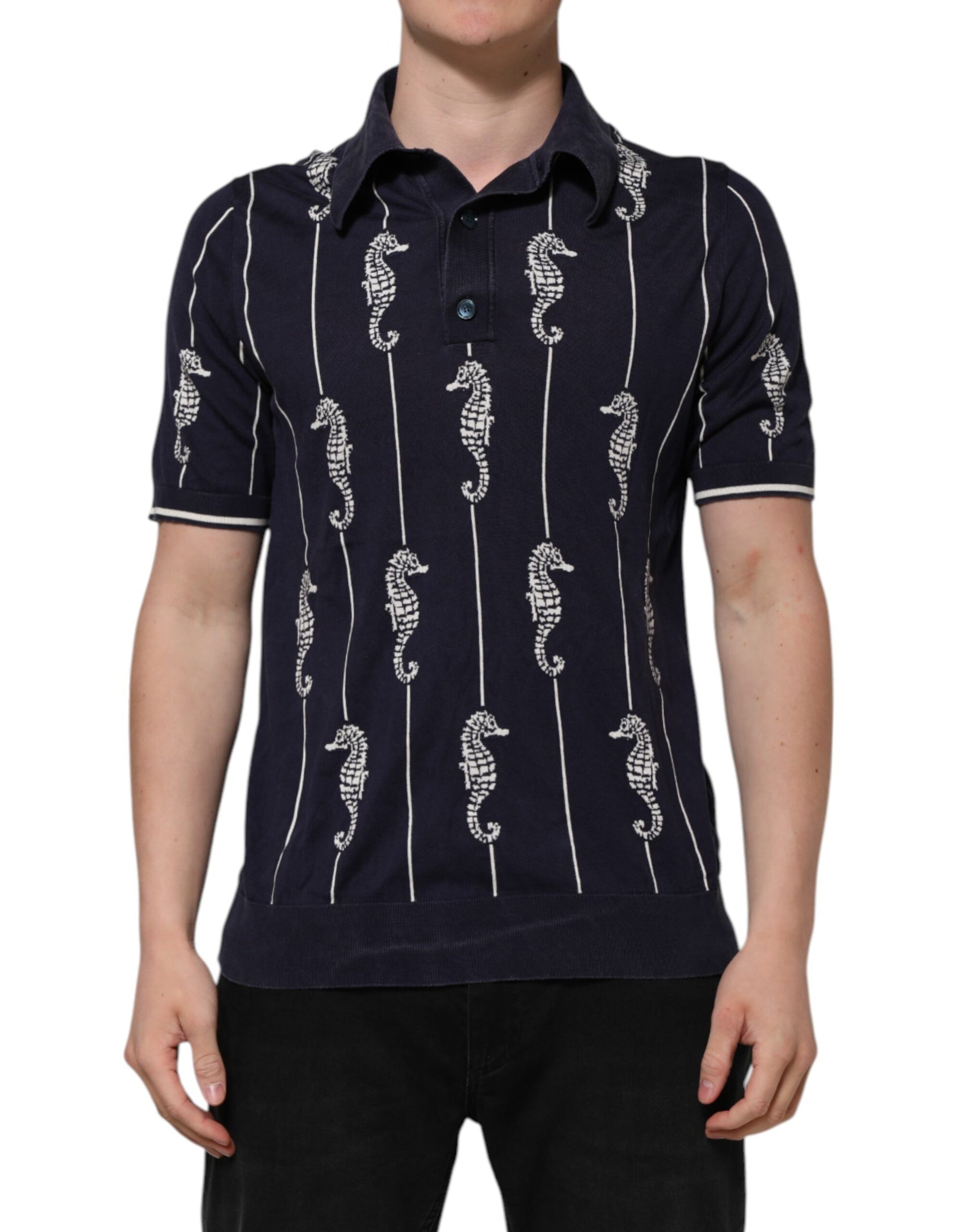 Dolce & Gabbana Dark Blue Sea Horse Collared Polo T-shirt | Regal Royce
