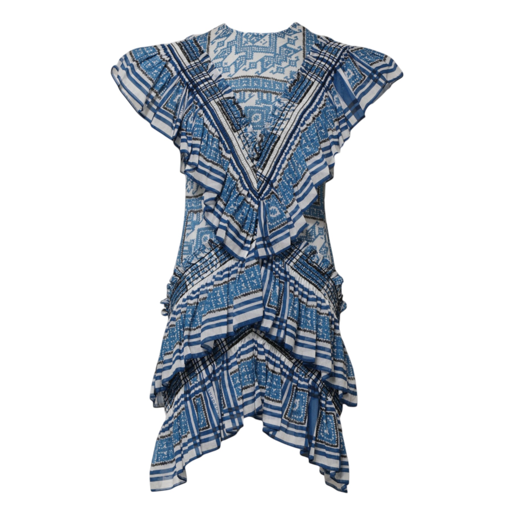 Philosophy di Lorenzo Serafini Blue Patterned Layered Short Sleeves Mini Dress | Regal Royce