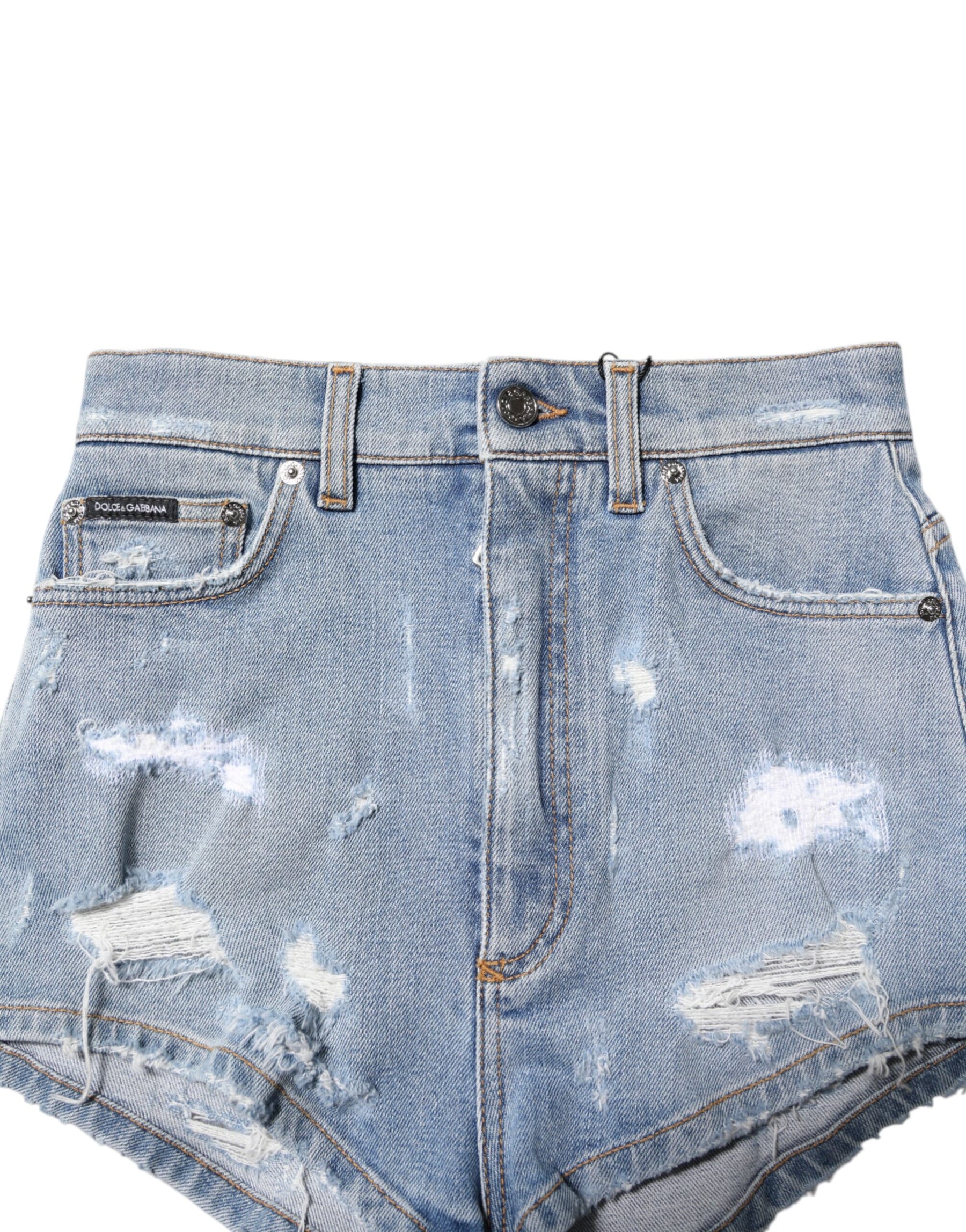 Dolce & Gabbana Blue Tattered Denim Cotton Hot Pants Shorts | Regal Royce