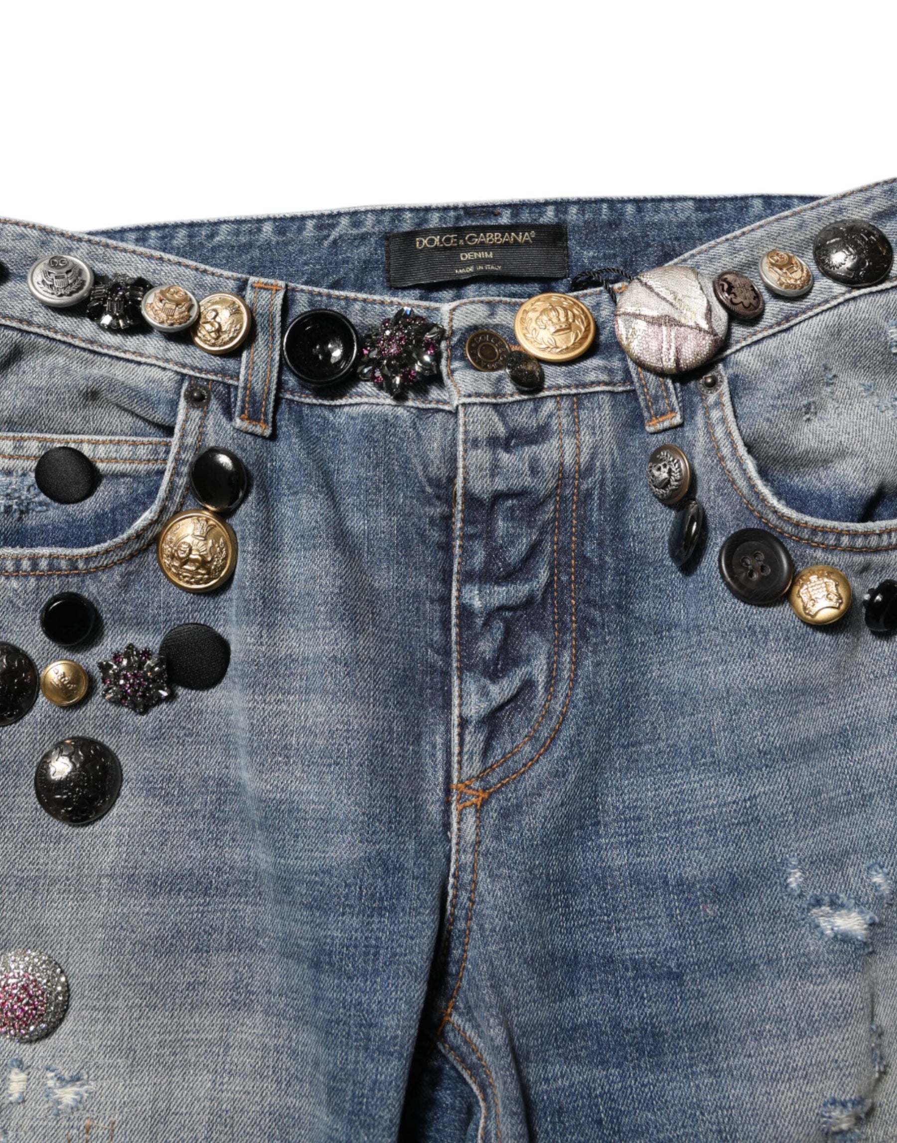 Dolce & Gabbana Blue Embellished Tattered SkinnyDenim Jeans | Regal Royce