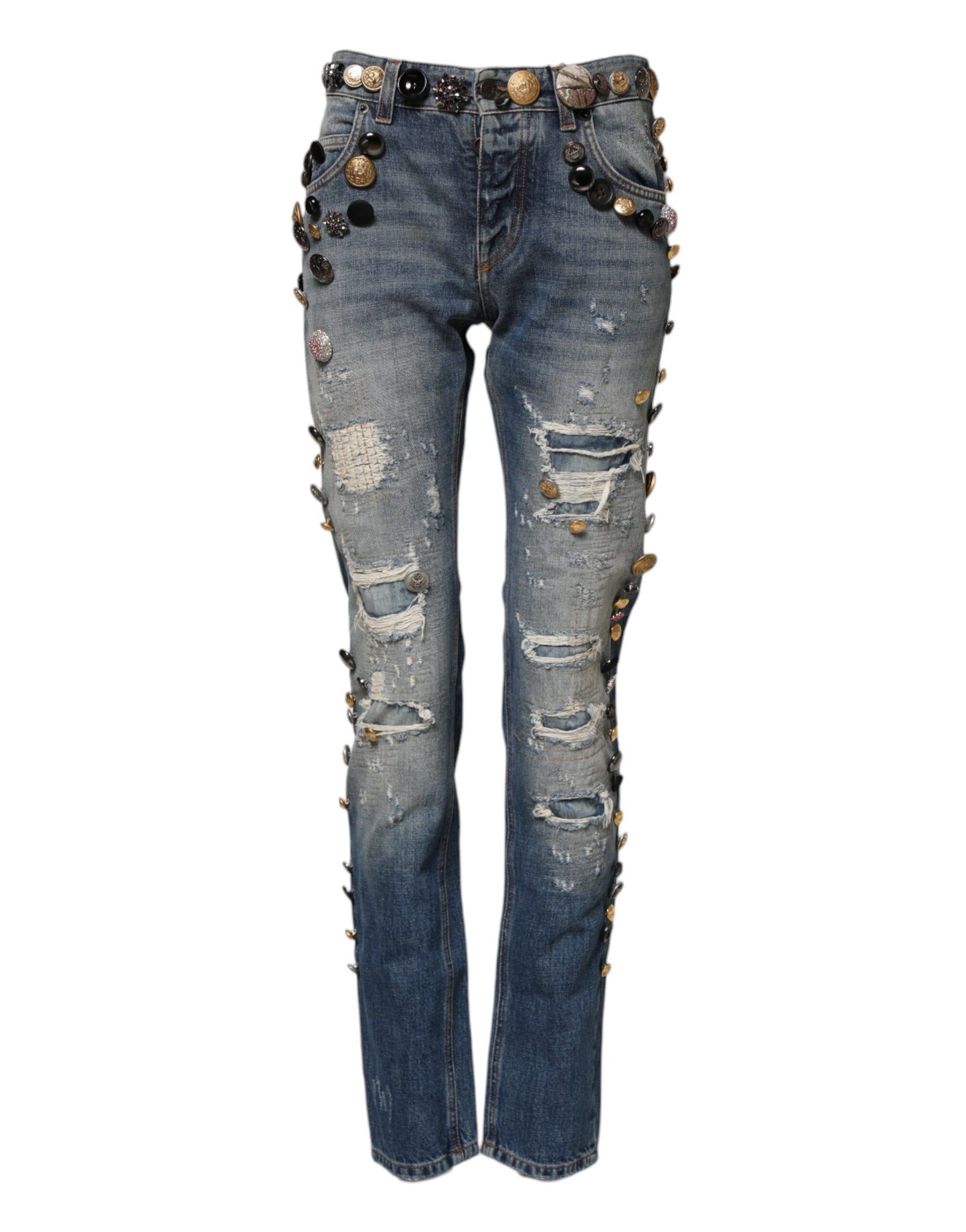 Dolce & Gabbana Blue Embellished Tattered SkinnyDenim Jeans | Regal Royce